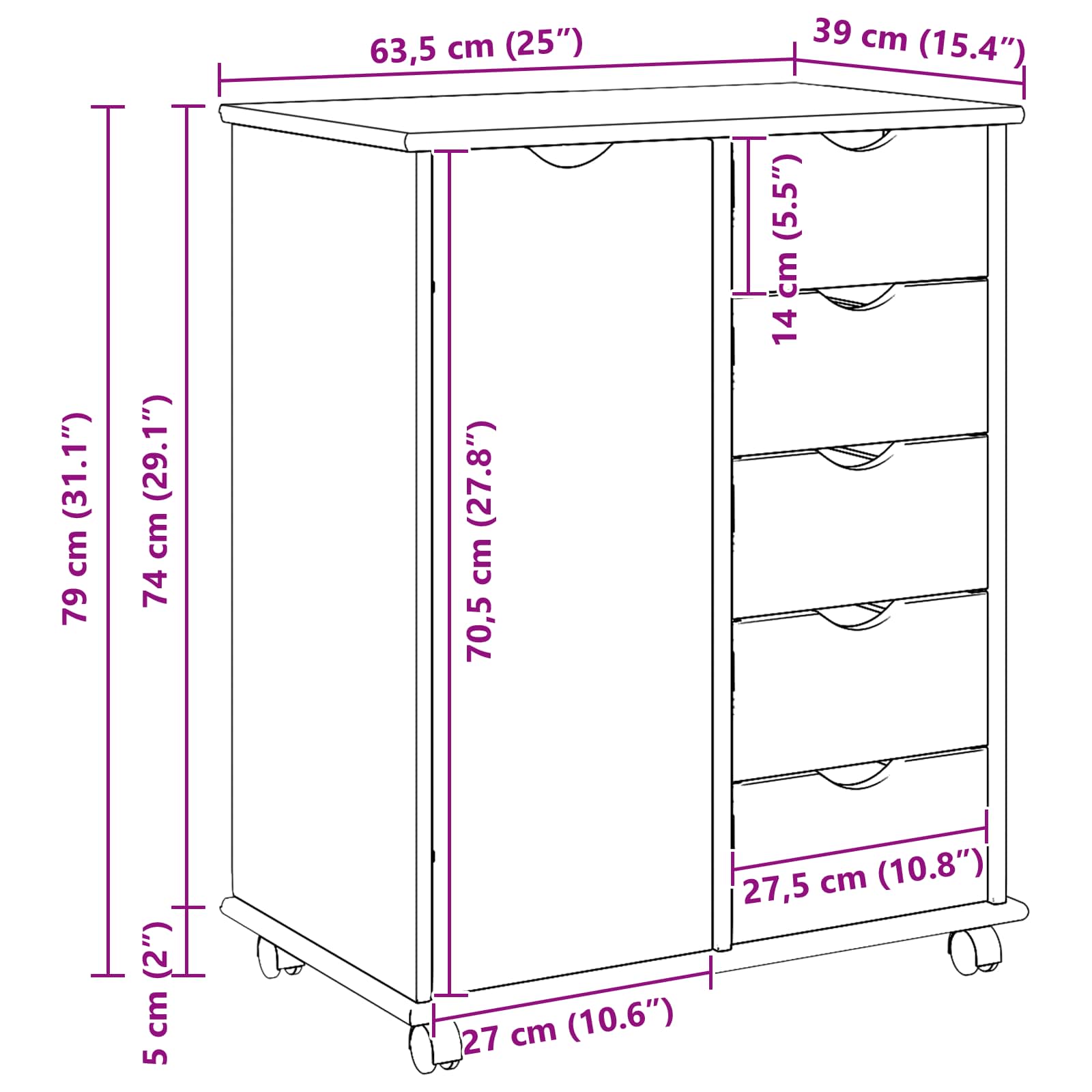 Mobilni ormar Bijelo 63,5 x 39 x 79 cm Čvrsto borovo drvo
