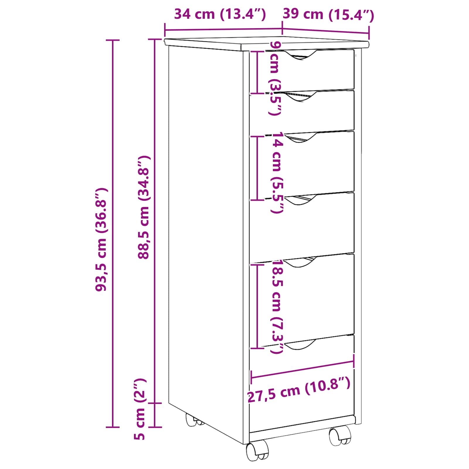 Mobilni ormar Bijelo 34 x 39 x 93,5 cm Čvrsto borovo drvo