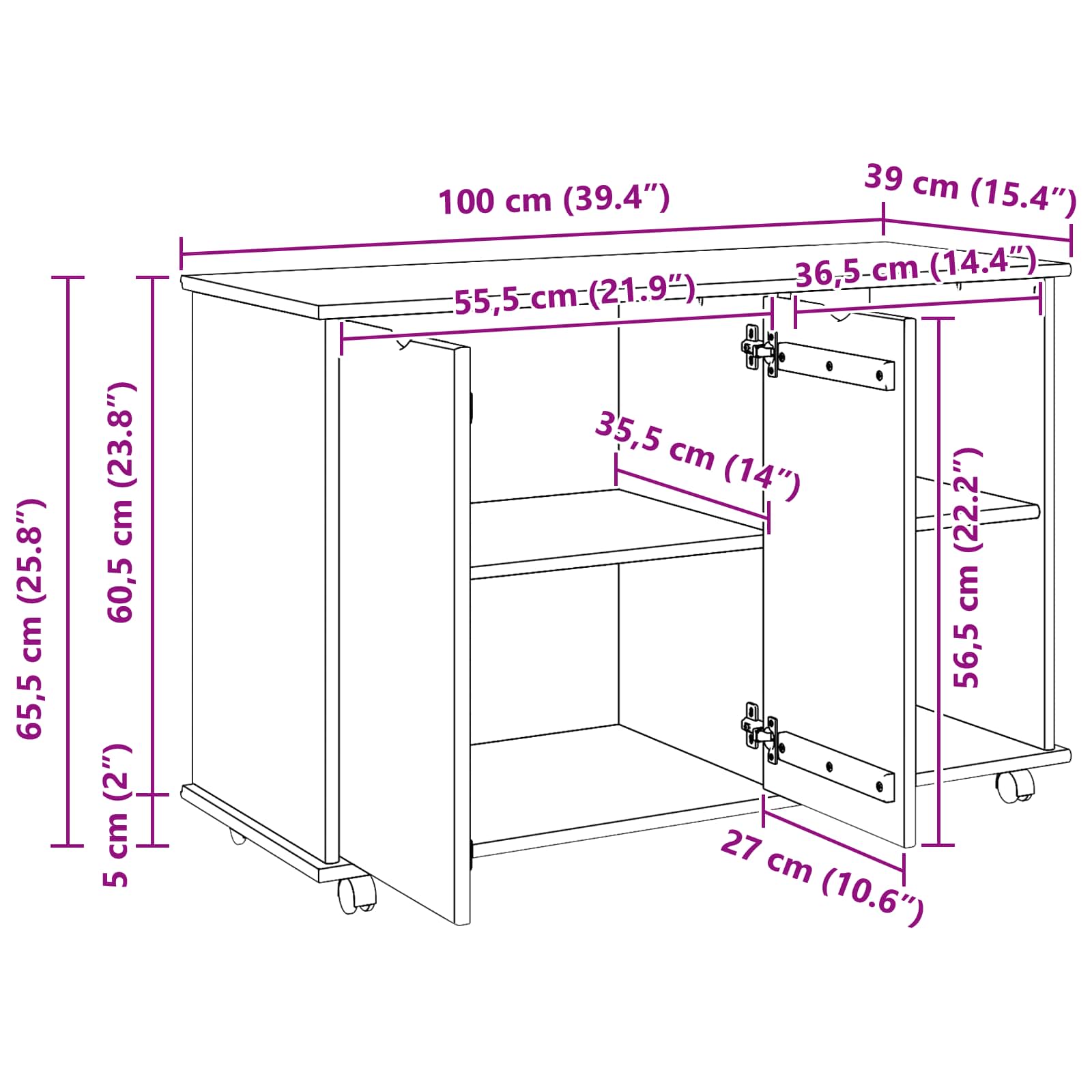 Mobilni ormar Crna 100 x 39 x 65,5 cm Čvrsto borovo drvo