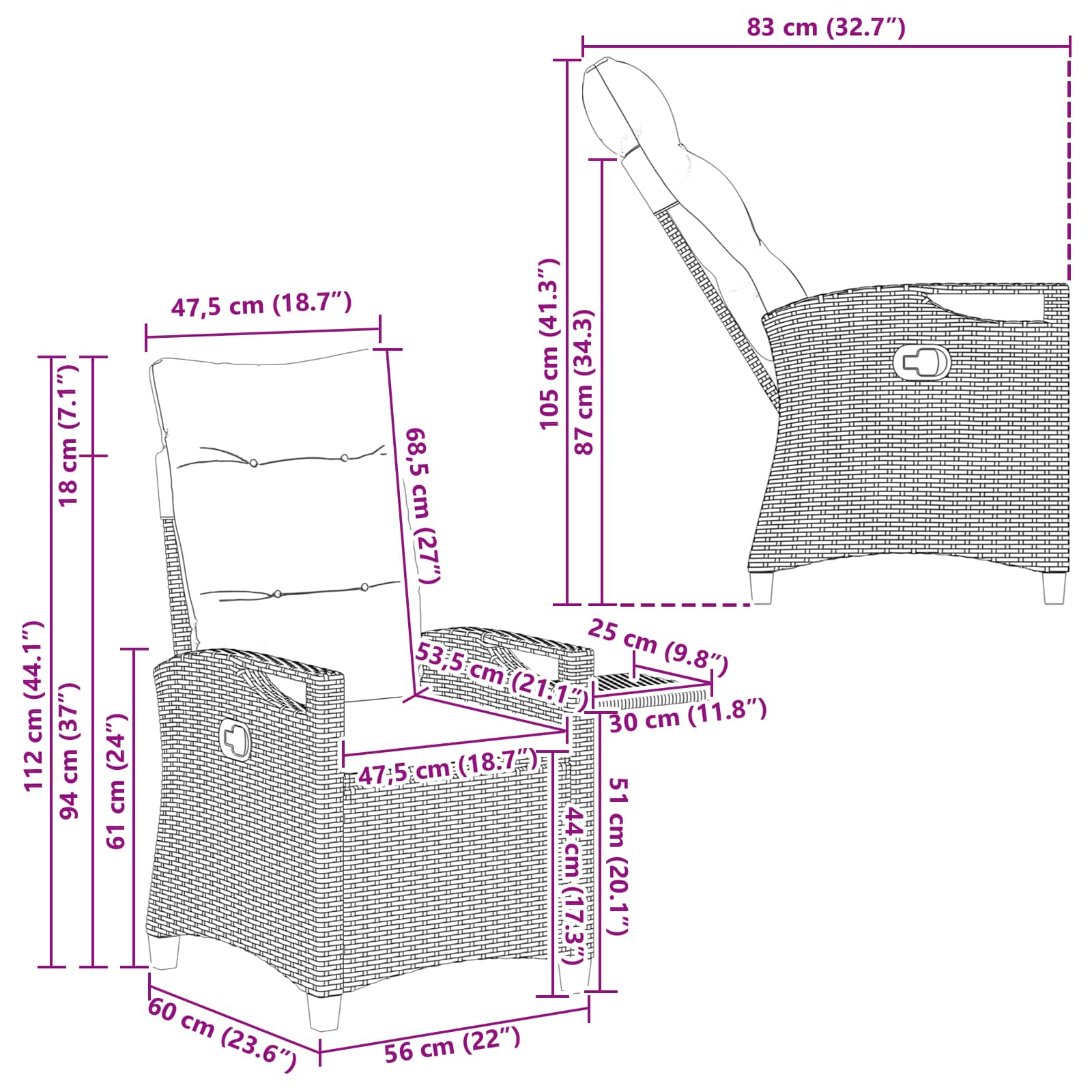 Ležaljka u vrtu Crna i Krema 56 x 60 x 112 cm poliratan