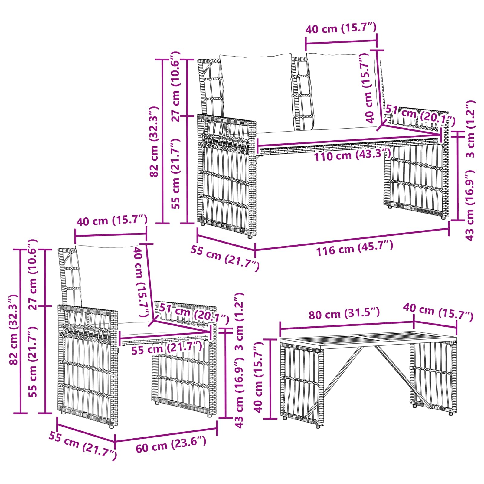 Set vanjskog namještaja 4 pcs Crna i tamno siva