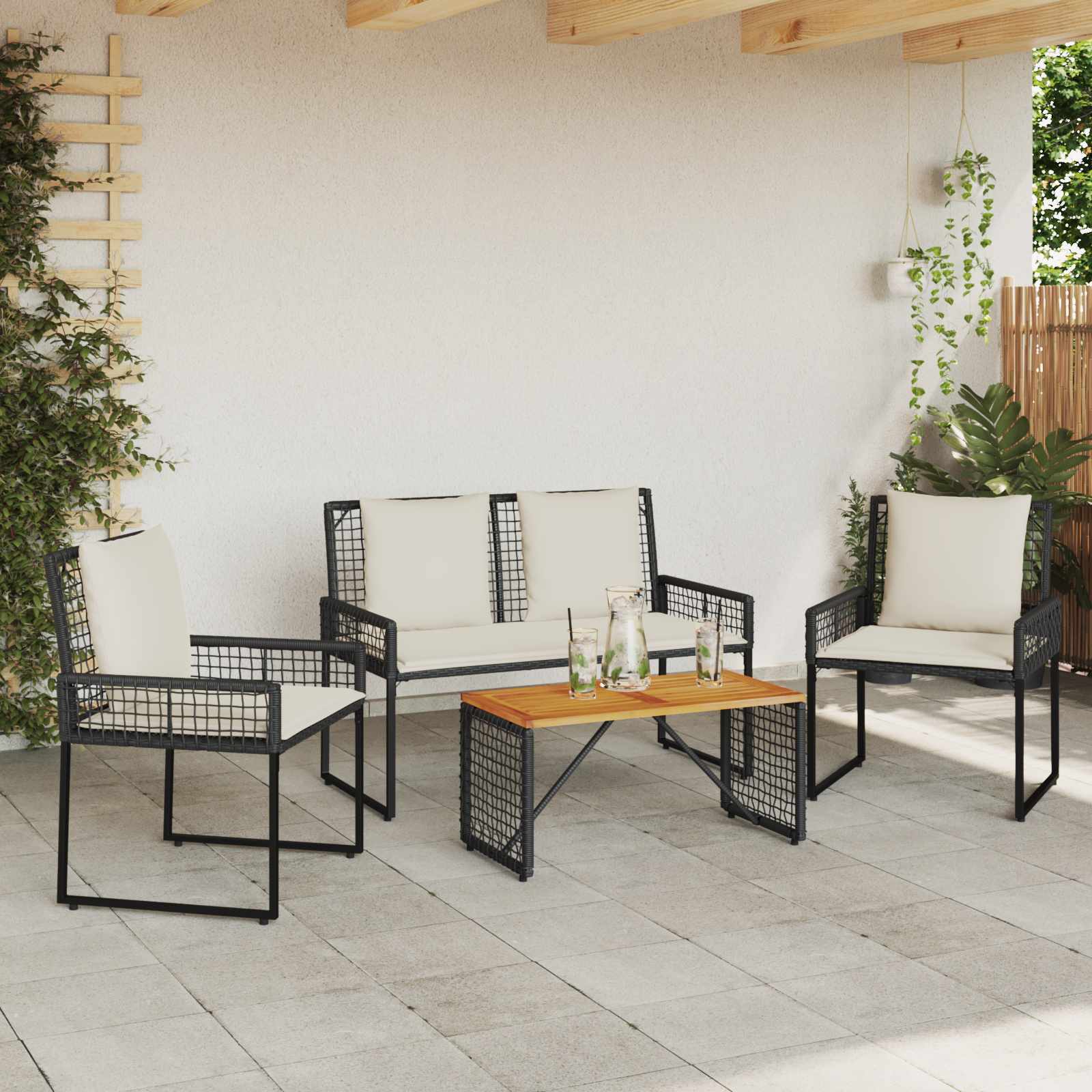 Set vanjskog namještaja s jastukom 4 pcs Crna i krem-bijela