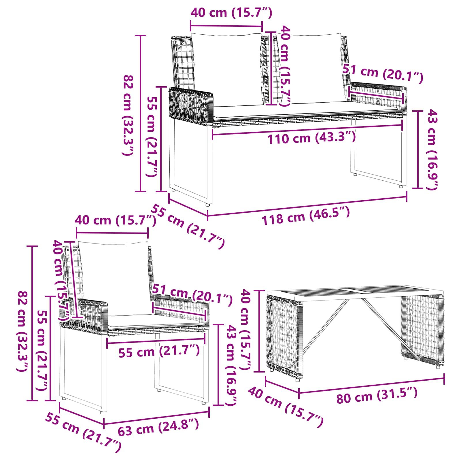 Set vanjskog namještaja s jastukom 4 pcs Crna i Tirkizna