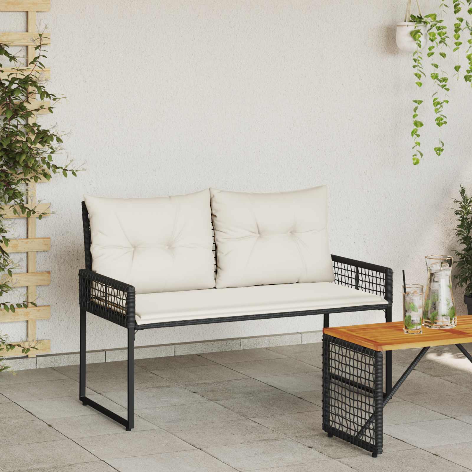 Vanjska klupa s jastukom Crna i krem-bijela 118 x 55 x 82 cm