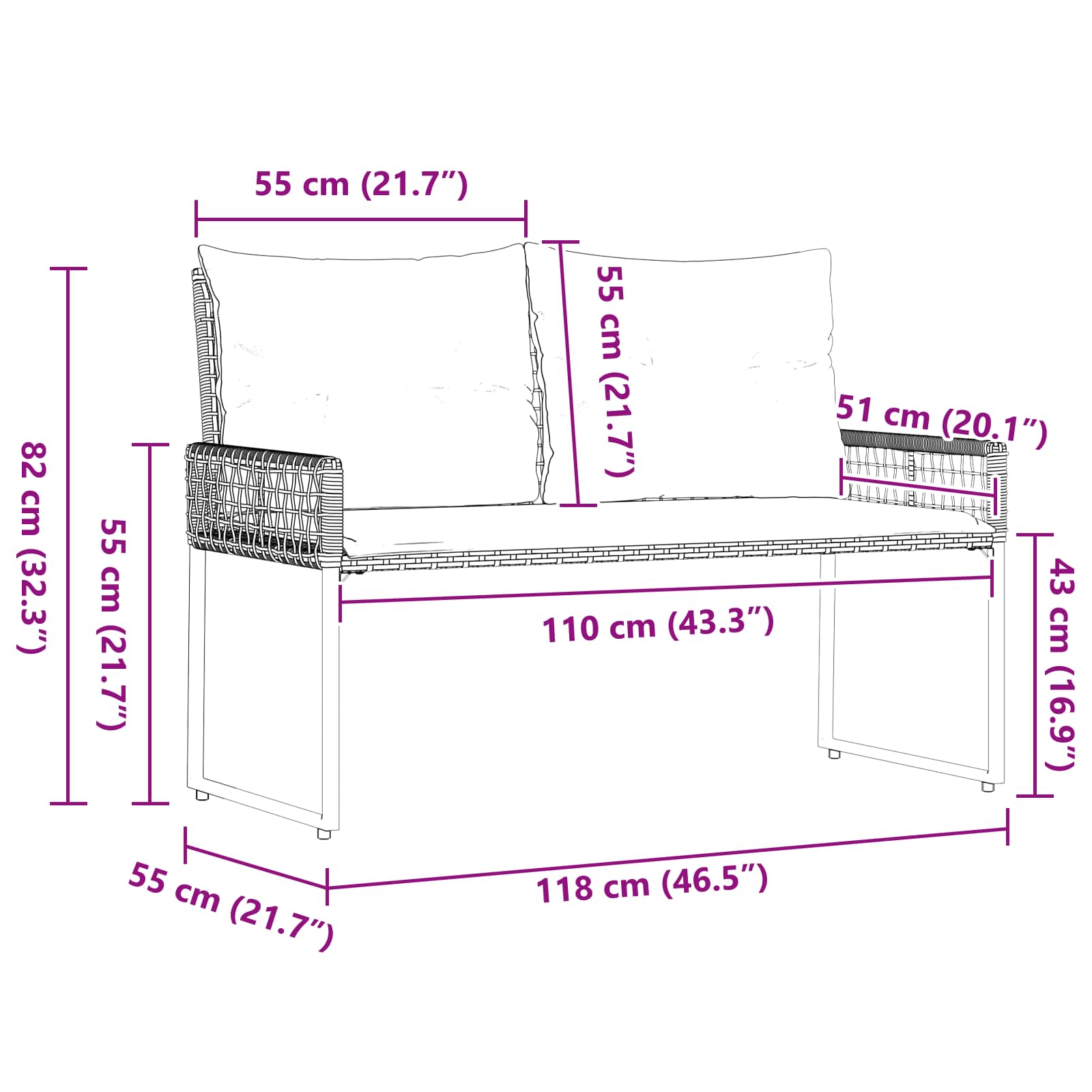 Vanjska klupa Sivi 118 x 55 x 82 cm PE Rattan i Tkanina