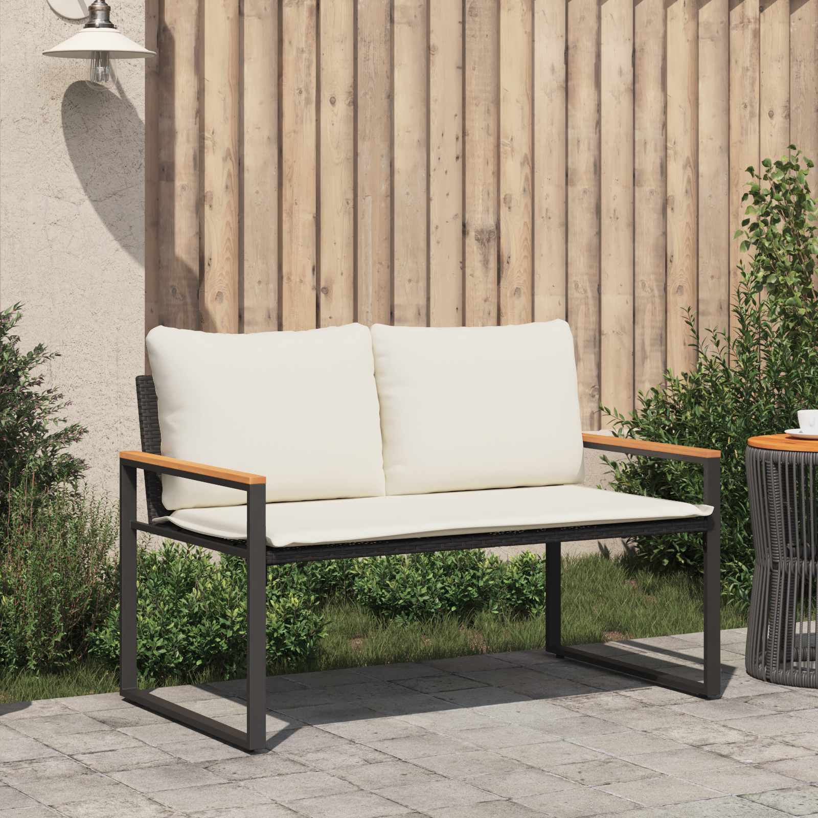 klupa s jastukom Crna i krem-bijela 115 x 65 x 72 cm Ratan