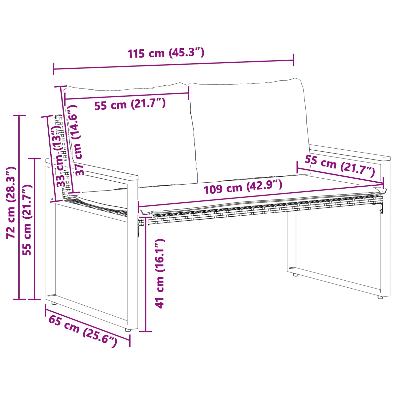 klupa s jastukom Siva i tamnoplava 115 x 65 x 72 cm Ratan
