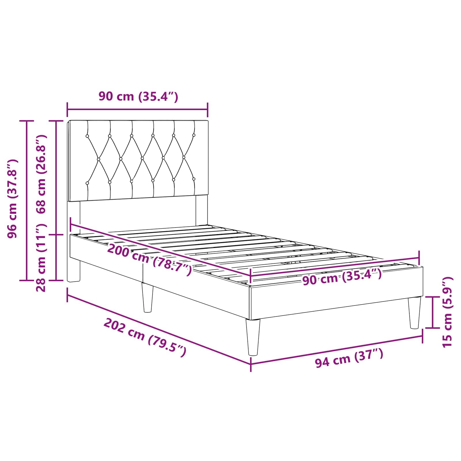 Krevetna konstrukcija s uzglavljem Crna 90 x 200 cm Baršun