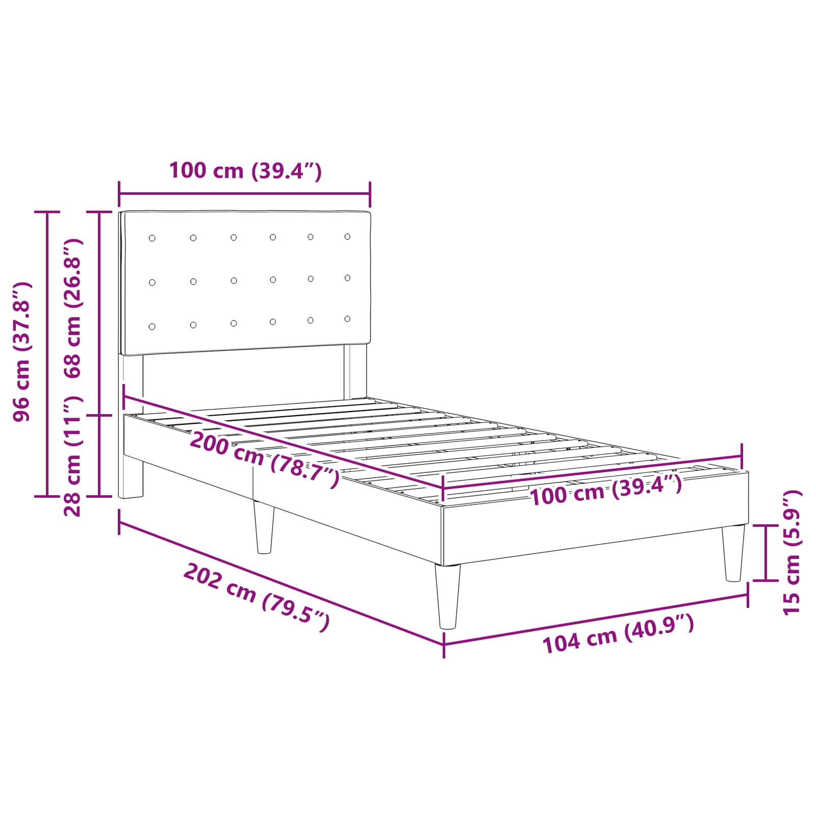 Krevetna konstrukcija s uzglavljem Crna 100 x 200 cm Tkanina