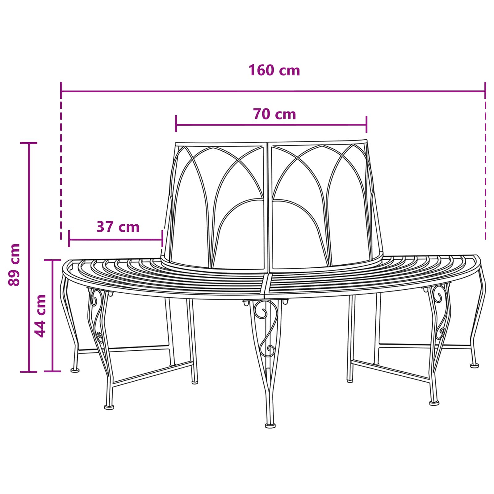 Klupa pod drvetom 4-Broj sjedala 160 x 80 x 89 cm Čelik Crna