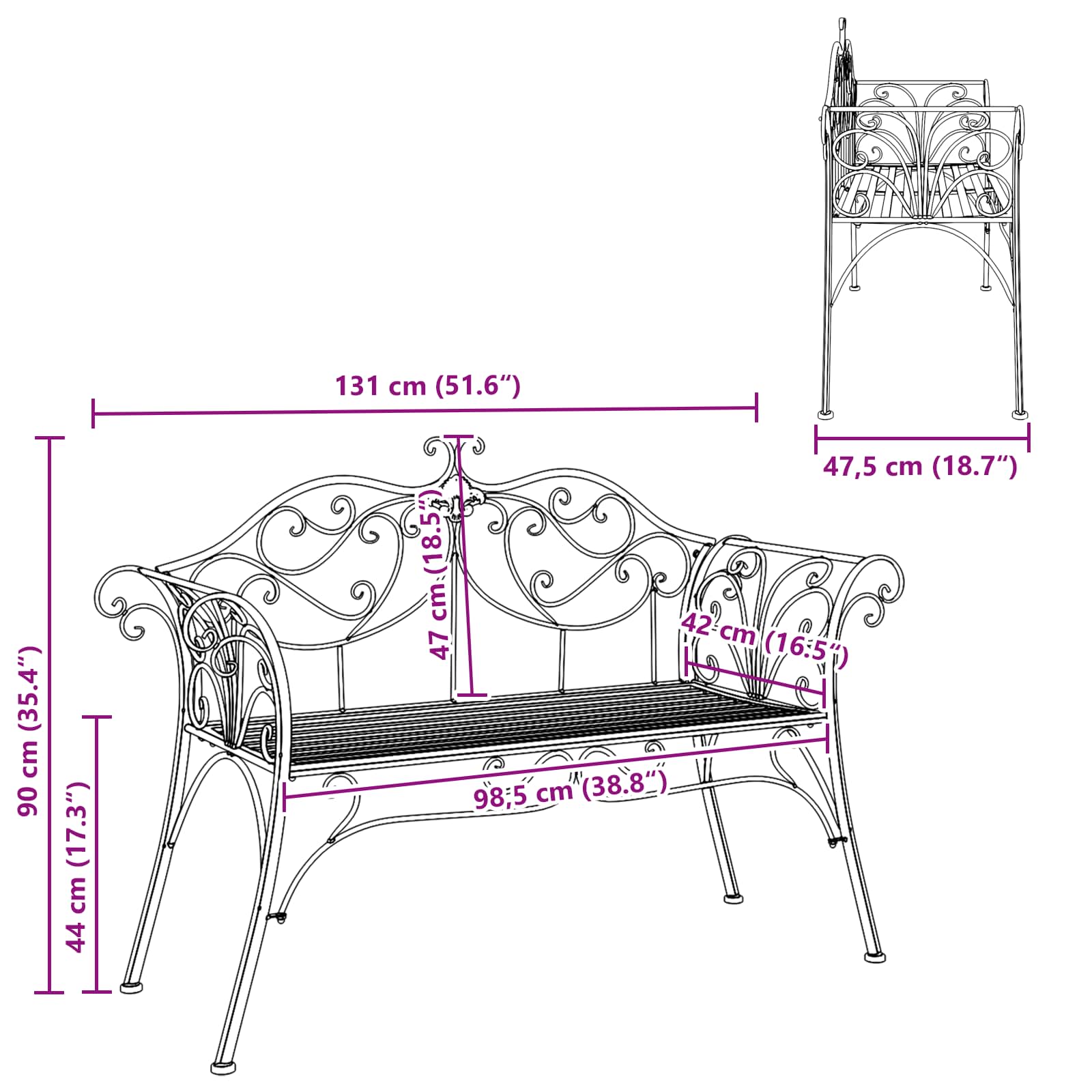 Vrtna klupa 2-Broj sjedala 130 x 47 x 90 cm Čelik Antič White