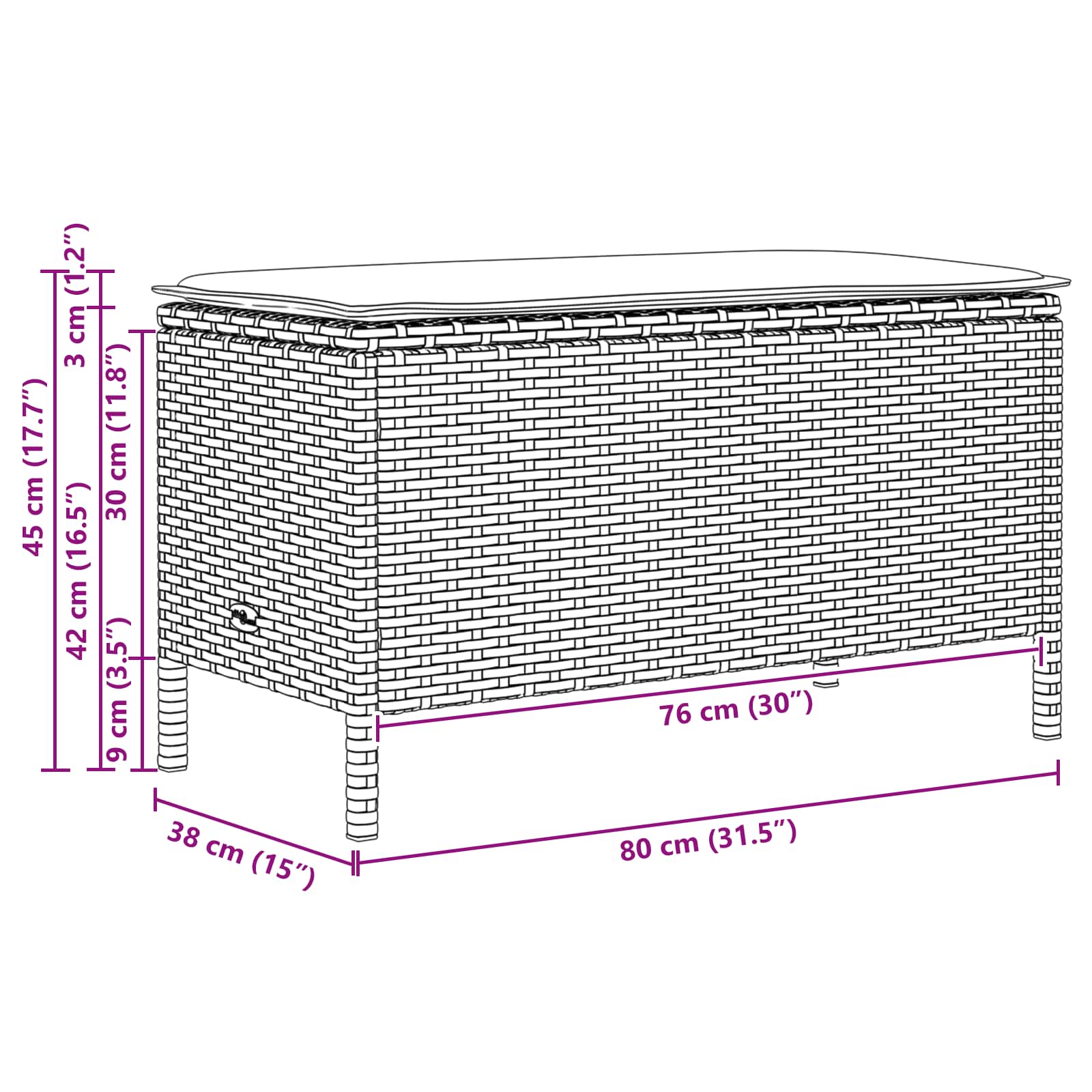 Vrtni otoman Crna i Tirkizna 80 x 38 x 42 cm PE ratan