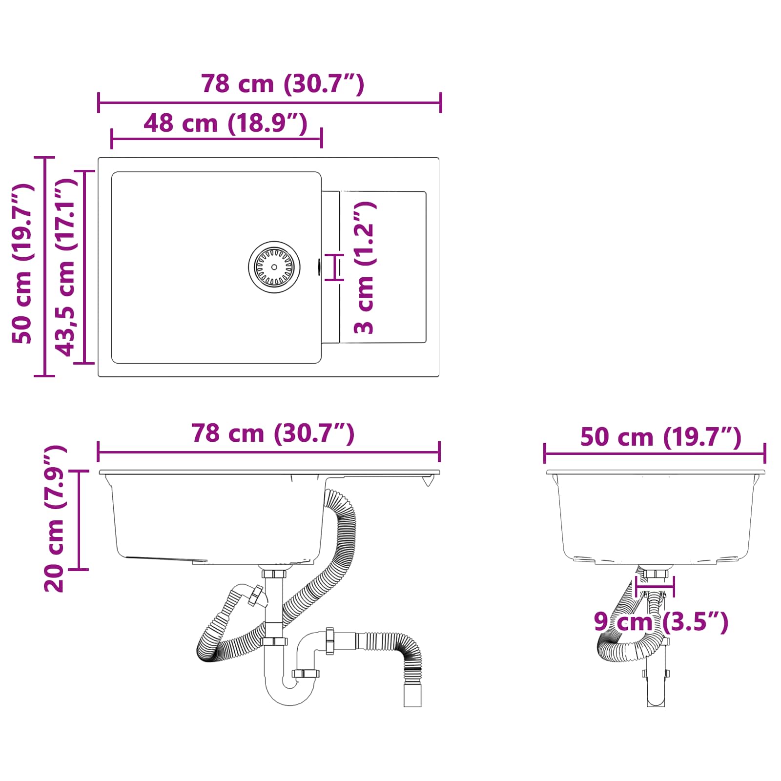 Umivaonik Crna 780 x 500 mm 80% kvarc i 20% smola