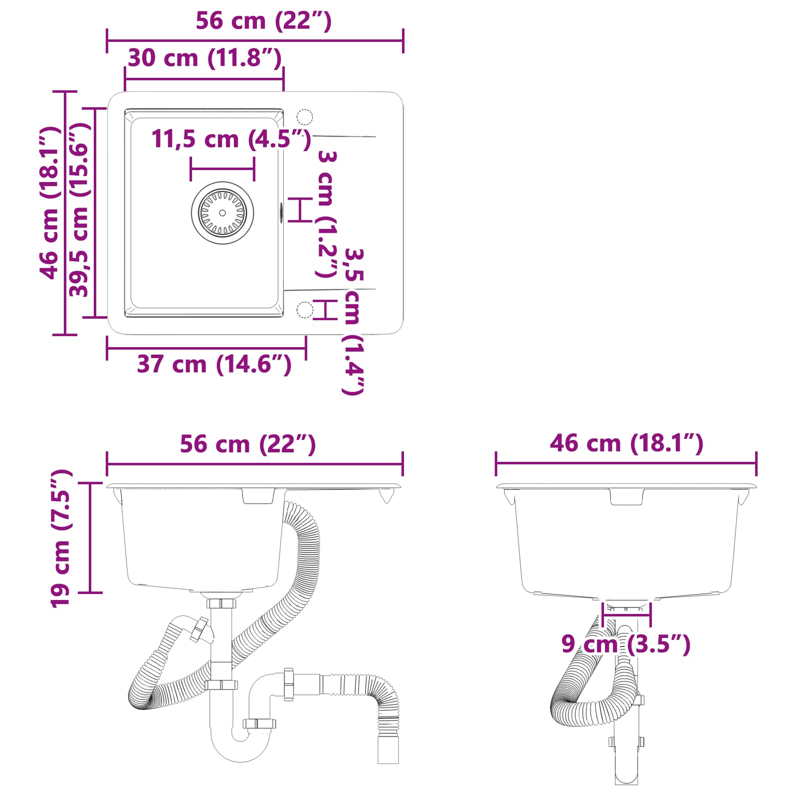 Umivaonik Siva 560 x 460 mm 80% kvarc i 20% smola