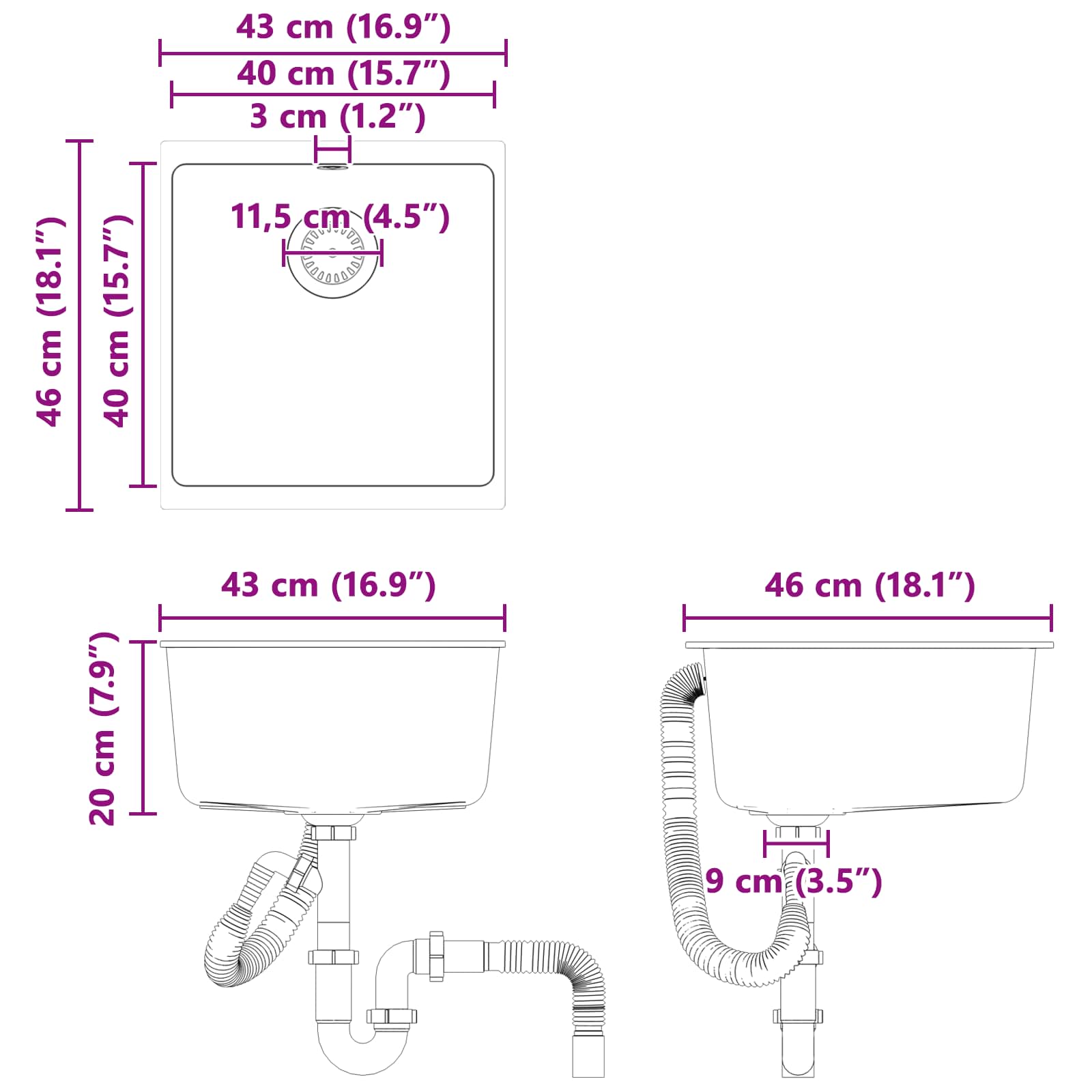 Umivaonik Crna 430 x 460 mm 80% kvarc i 20% smola