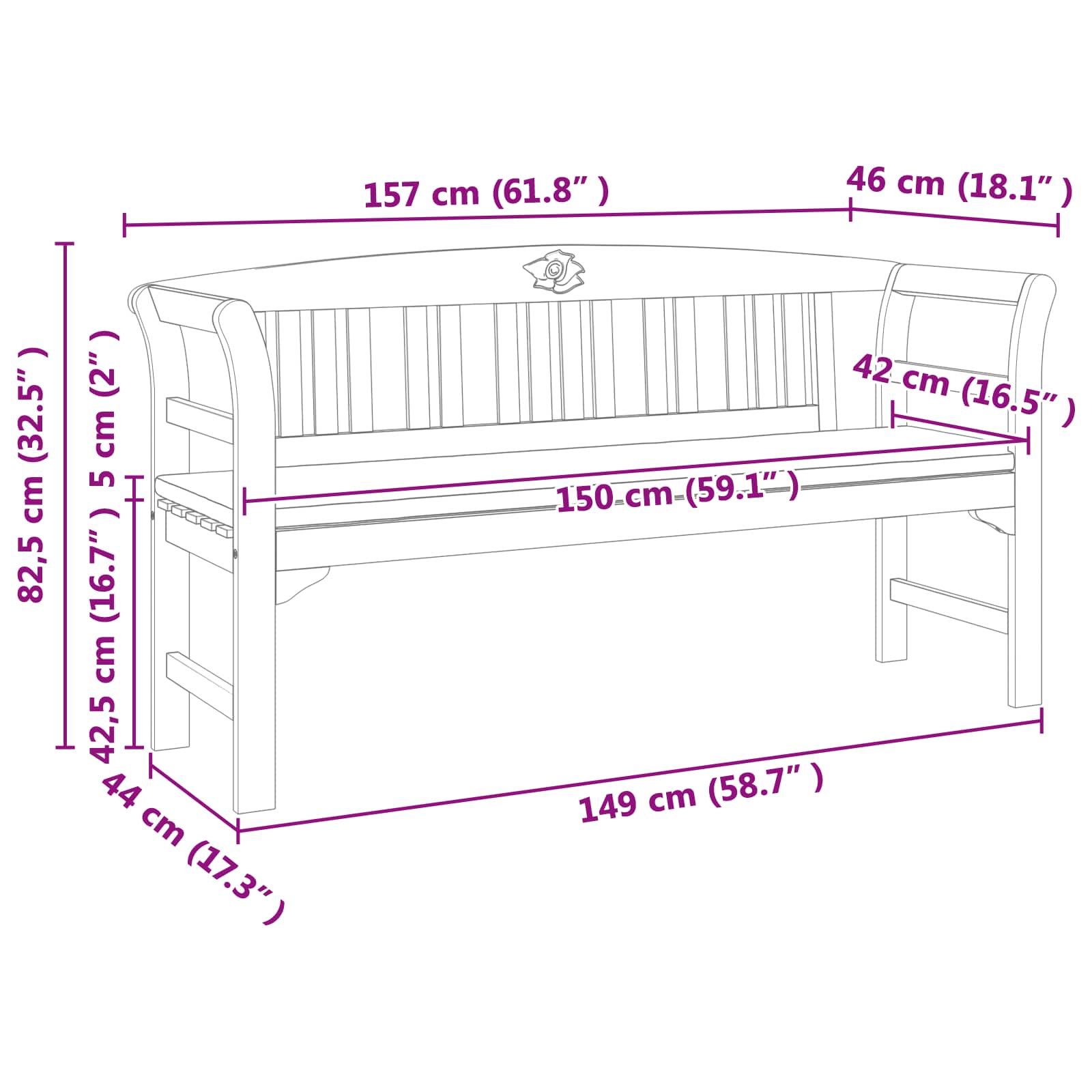 Klupa s ružama Prirodna 157 x 46 x 82,5 cm Čvrsto drvo akacije