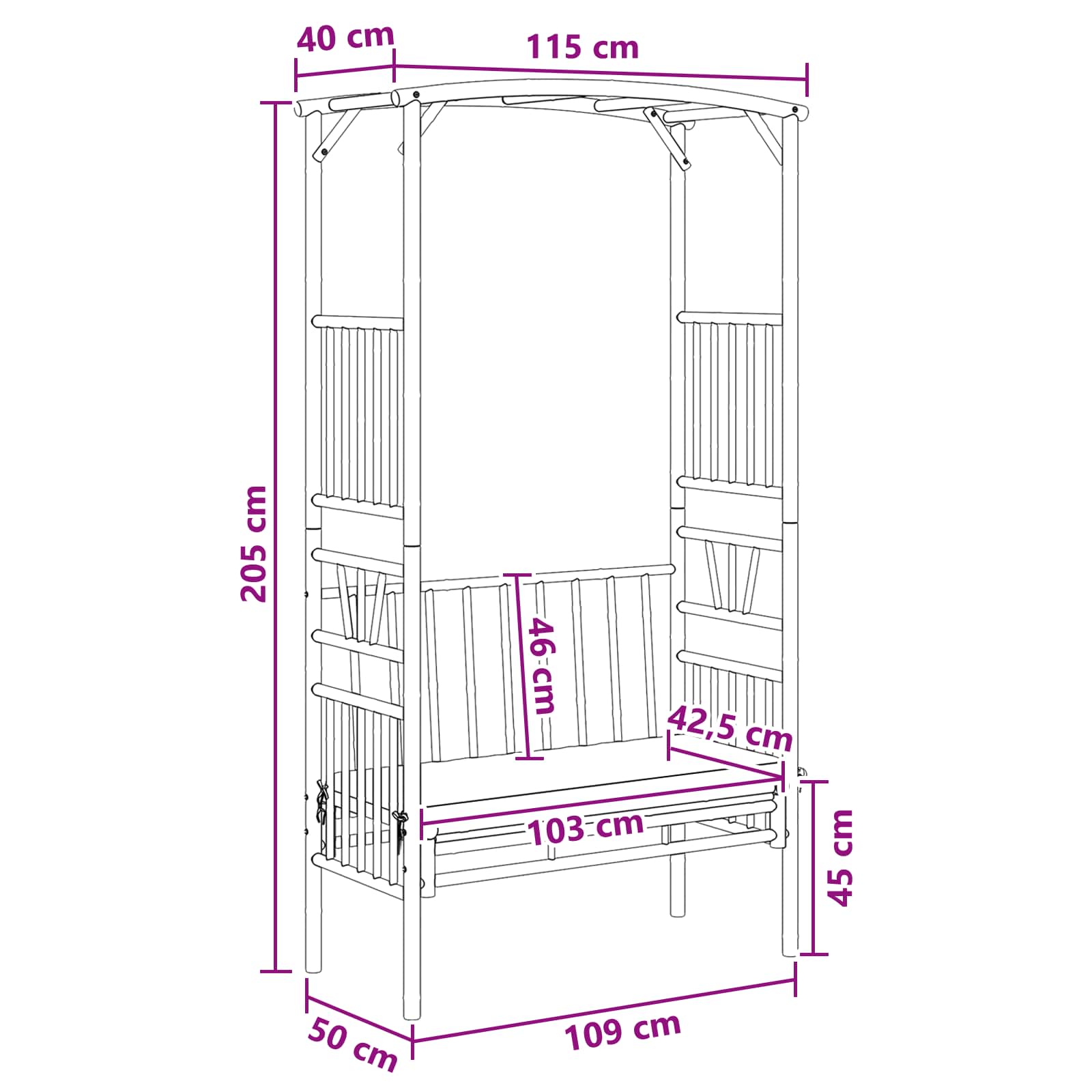 Vrtni luk s klupom Krem bijela 115 x 50 x 205 cm Bambus