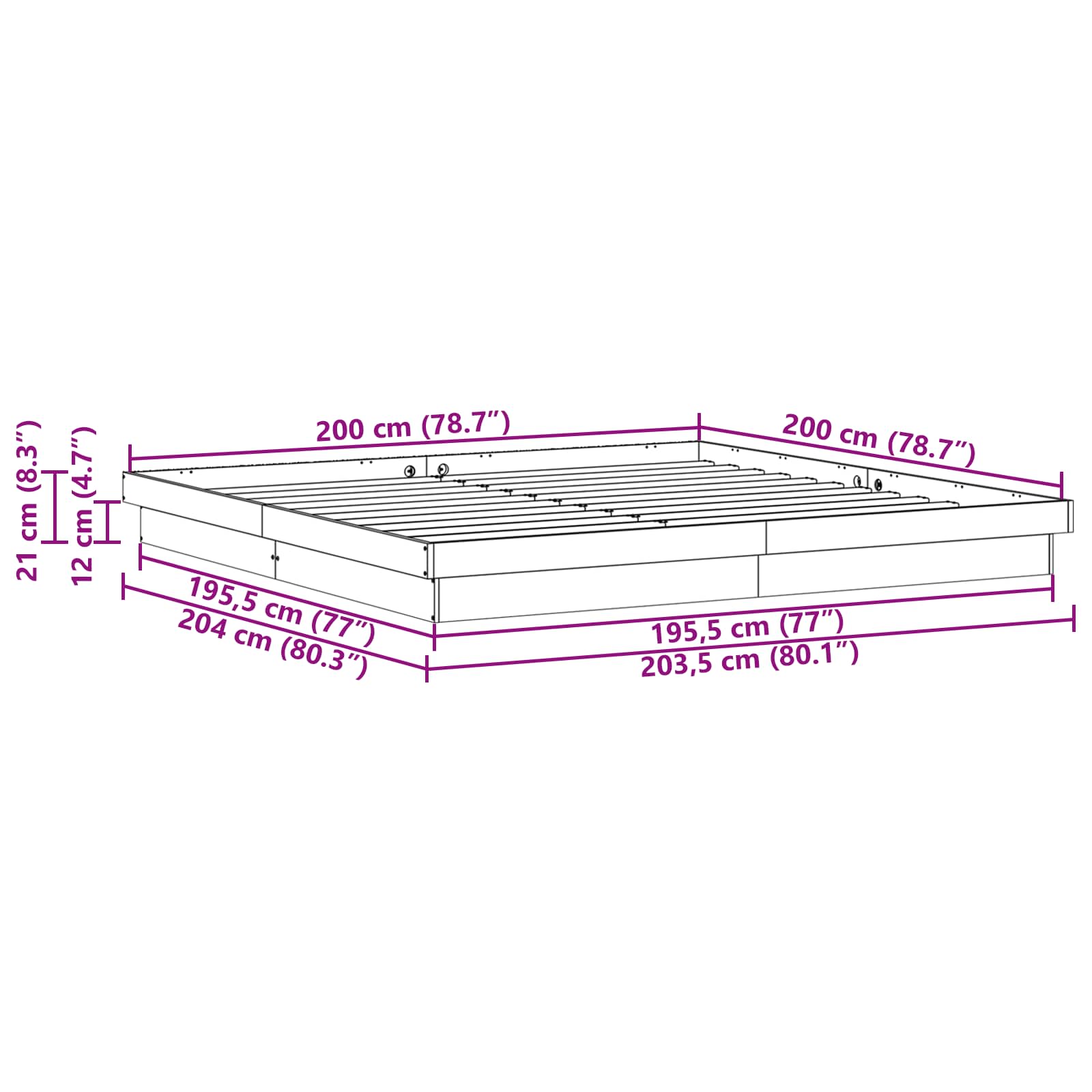 Krevetna konstrukcija Prirodna 200 x 200 cm Čvrsto borovo drvo