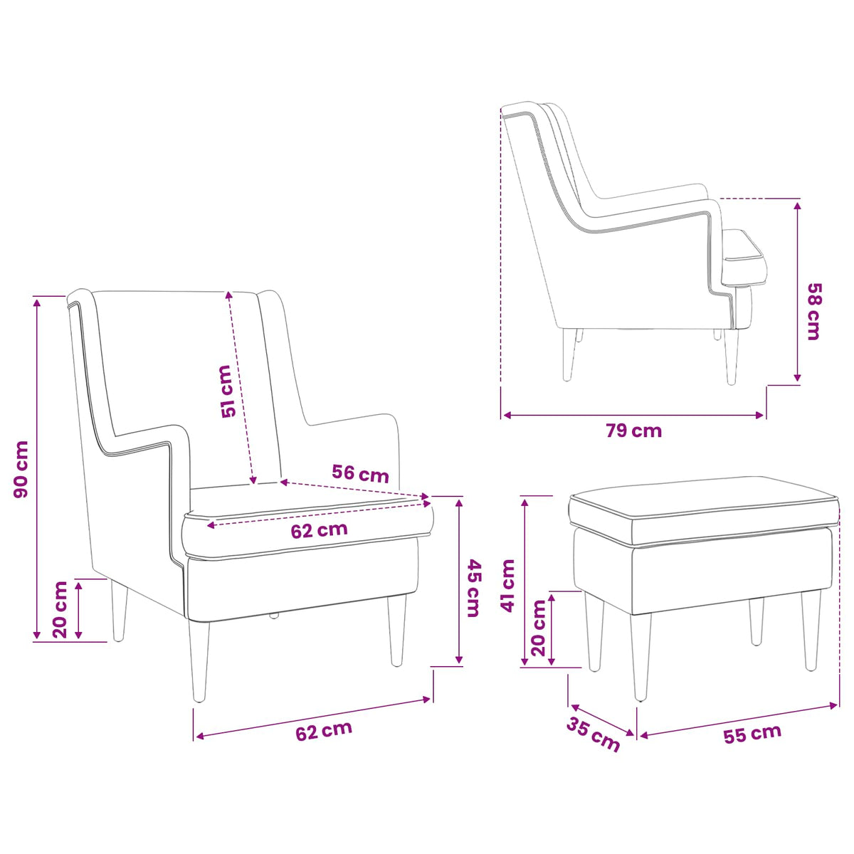 Fotelja s footstoolom 2 kom. Krem Bouclé 79 x 79 x 87,5 cm