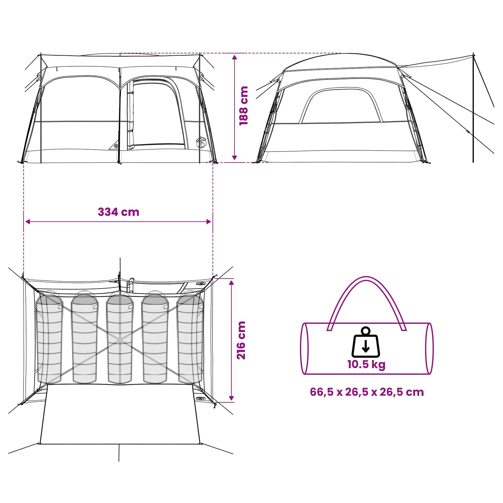 Obiteljski šator s krovom Plava 320 x 210 x 180 cm Poliester