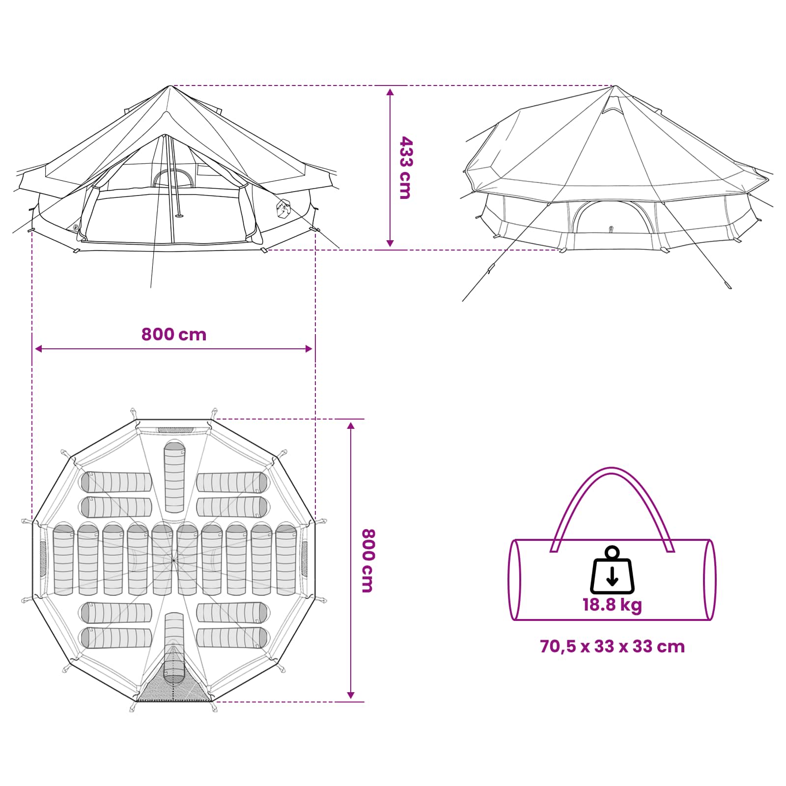 Tipi šator s krovom Zelena 800 x 800 x 430 cm Poliester i čelik