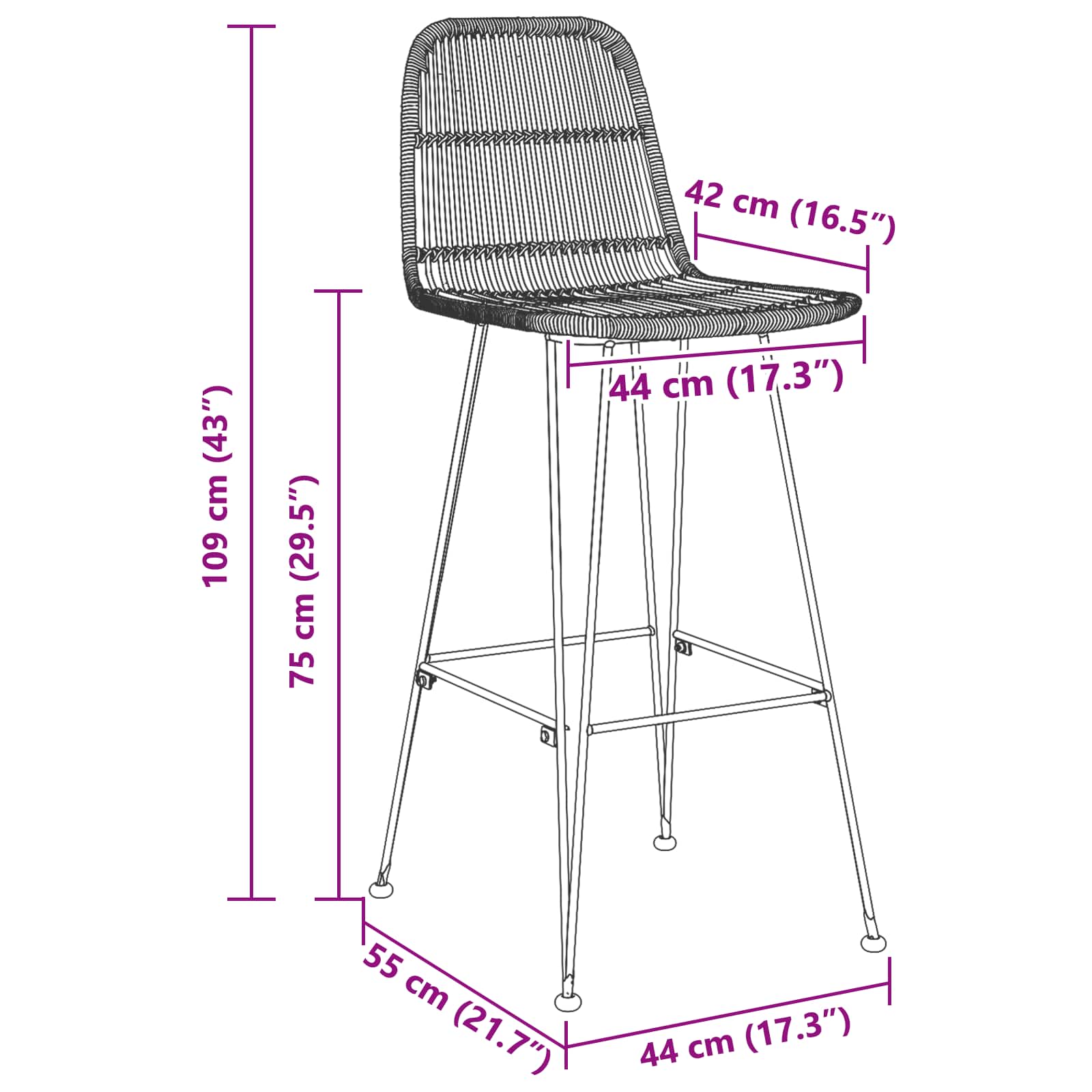 Barska stolica 2 pcs Prirodna 44 x 55 x 109 cm Ratan i Čelik