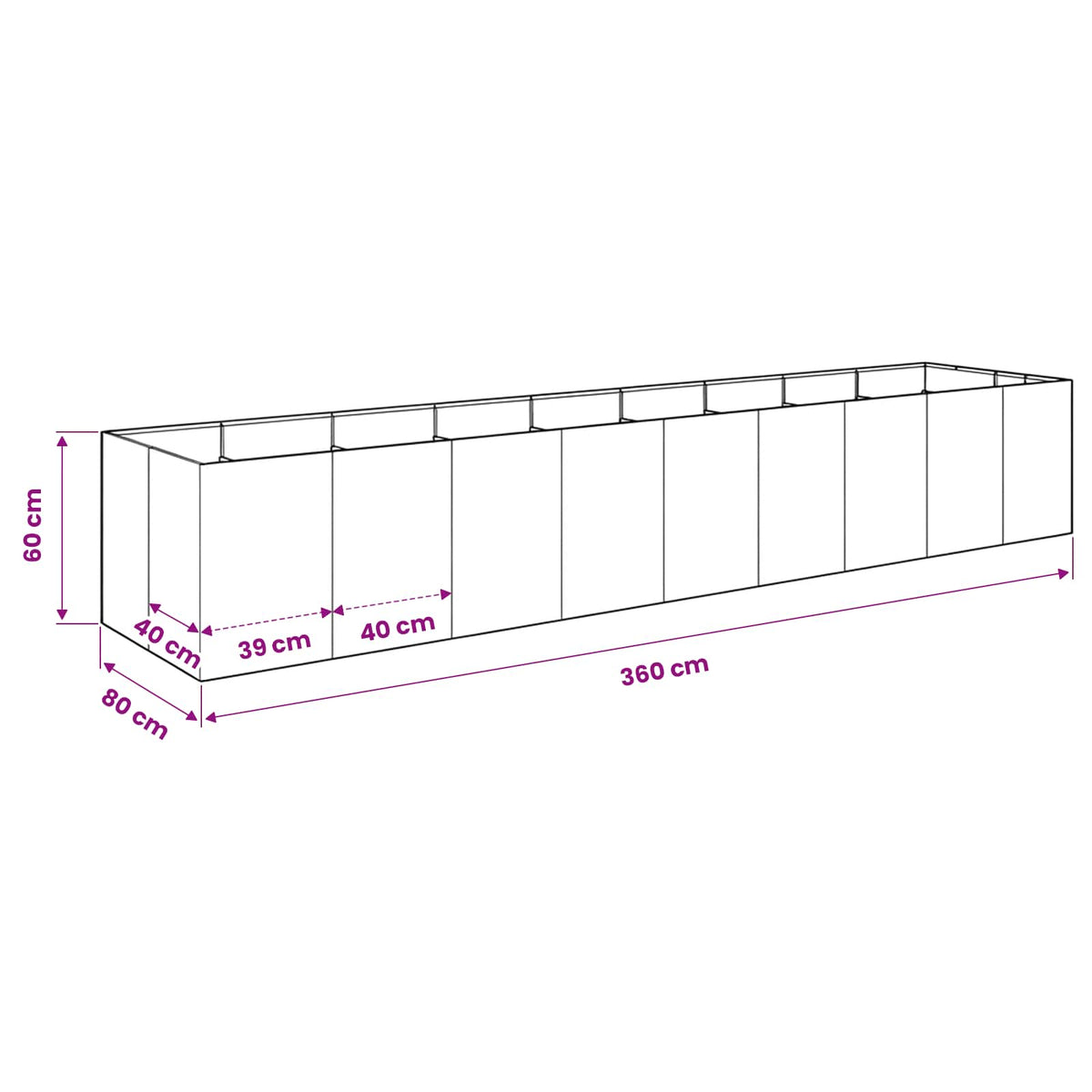 Vrtna saksija Crna 360 x 80 x 60 cm Čelična vrata