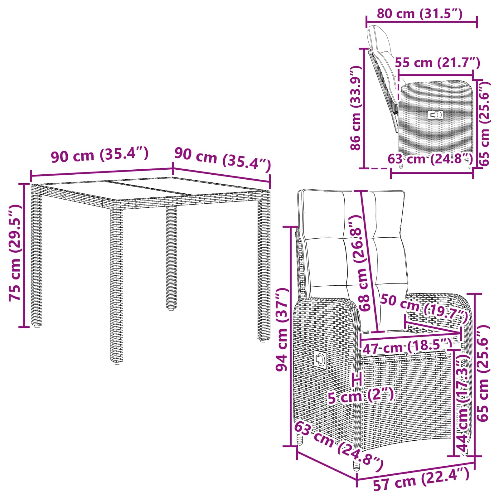 Vanjski set za objedovanje 5 pcs Crna 90 x 90 x 75 cm poliratan