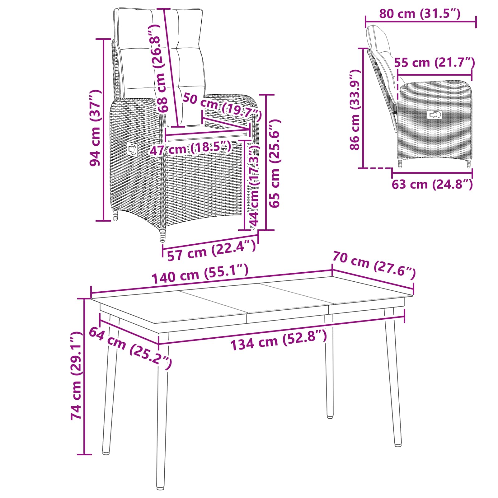 Vanjski set za objedovanje 7 pcs Crna 150 x 90 x 75 cm