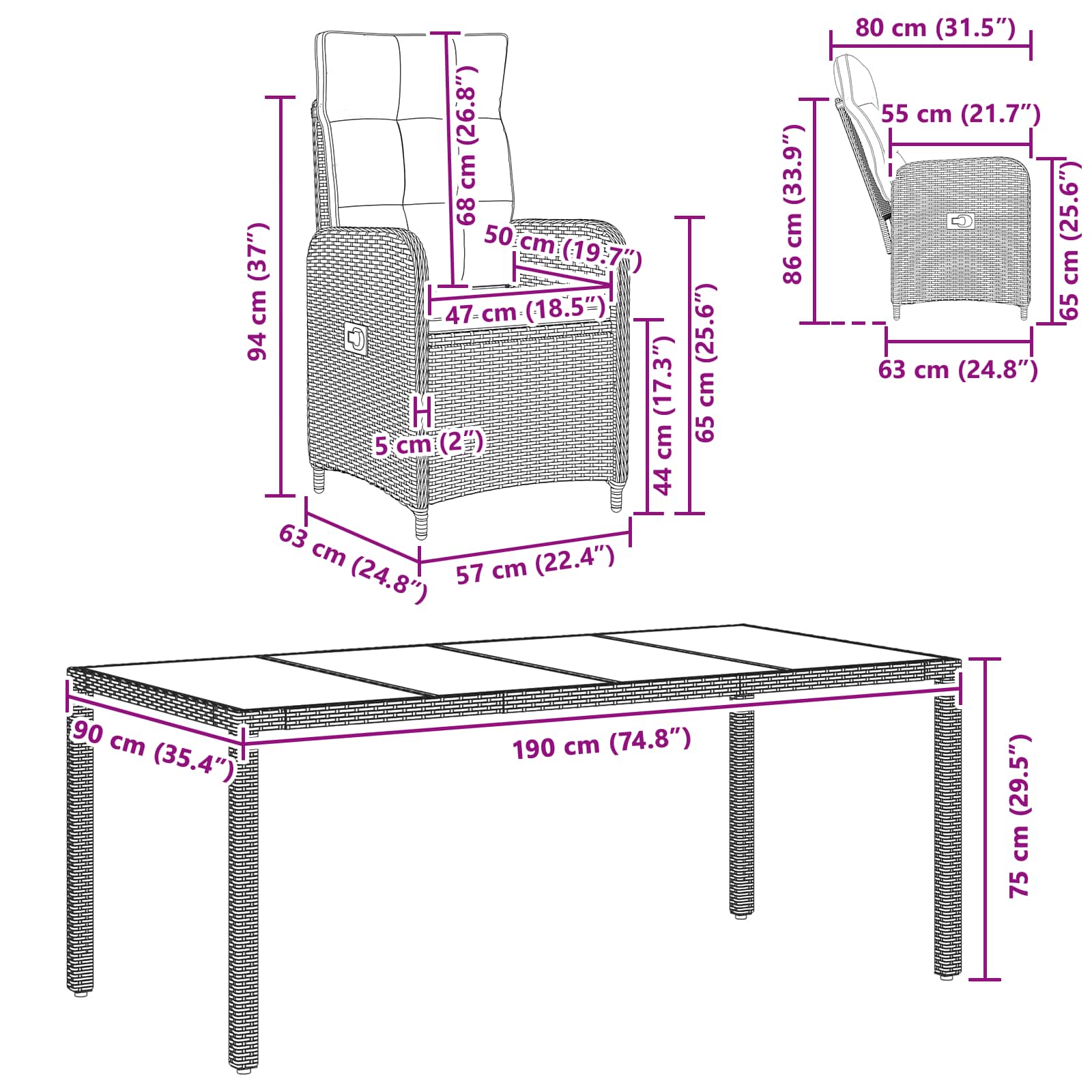 Vanjski set za objedovanje 9 pcs Crna 190 x 90 x 75 cm