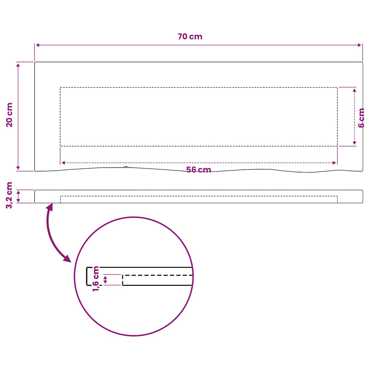 Pravokutni stolni vrh 70 x 20 x 3,2 cm Pravokutni