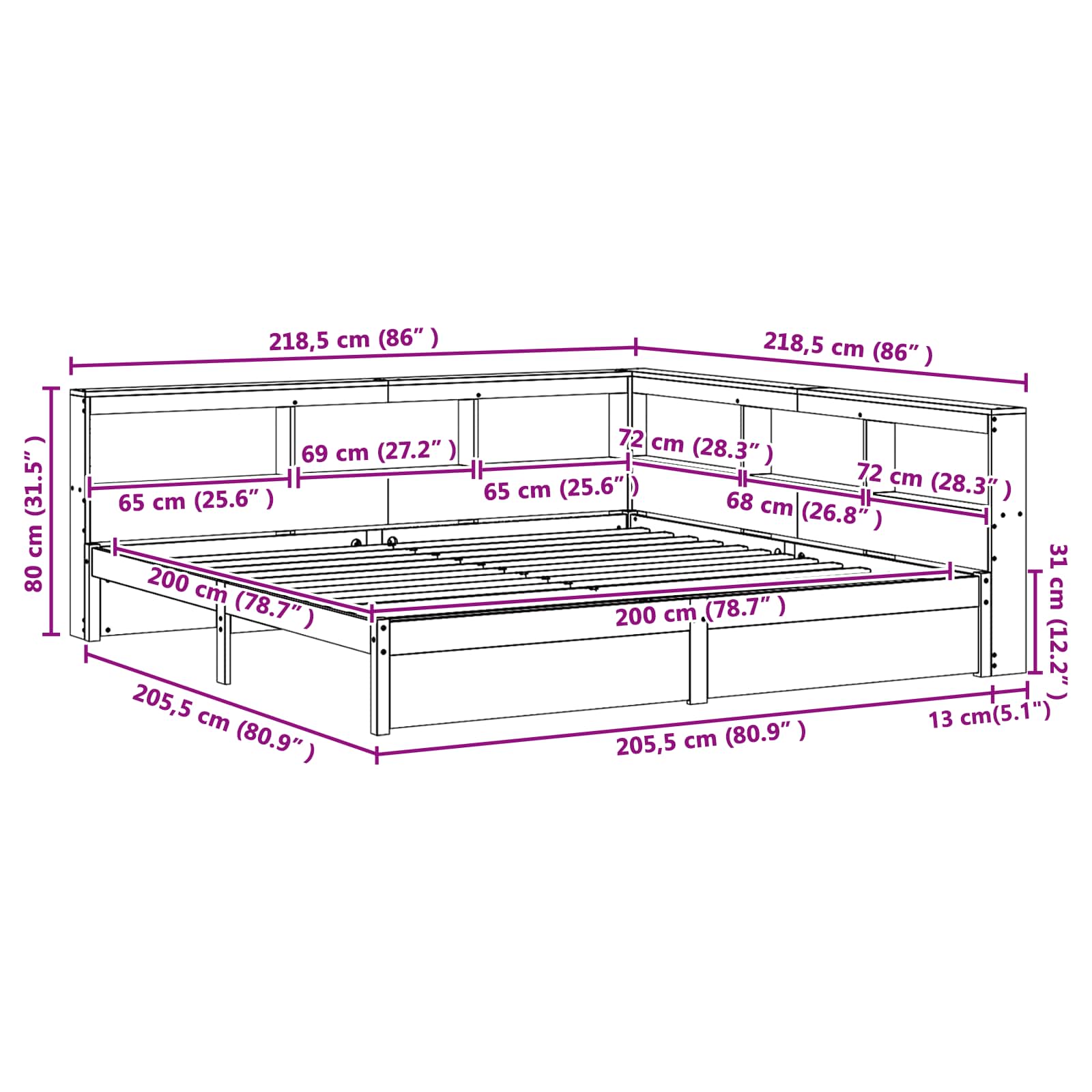 Krevet s policama s uzglavljem 2 pcs Vosak smeđa 200 x 200 cm