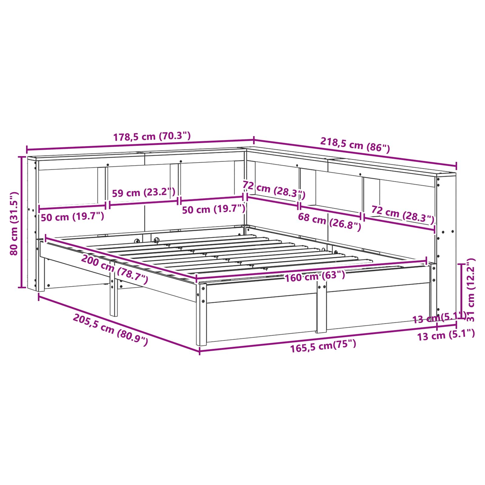 Krevet s policama s uzglavljem 2 pcs Vosak smeđa 200 x 160 cm
