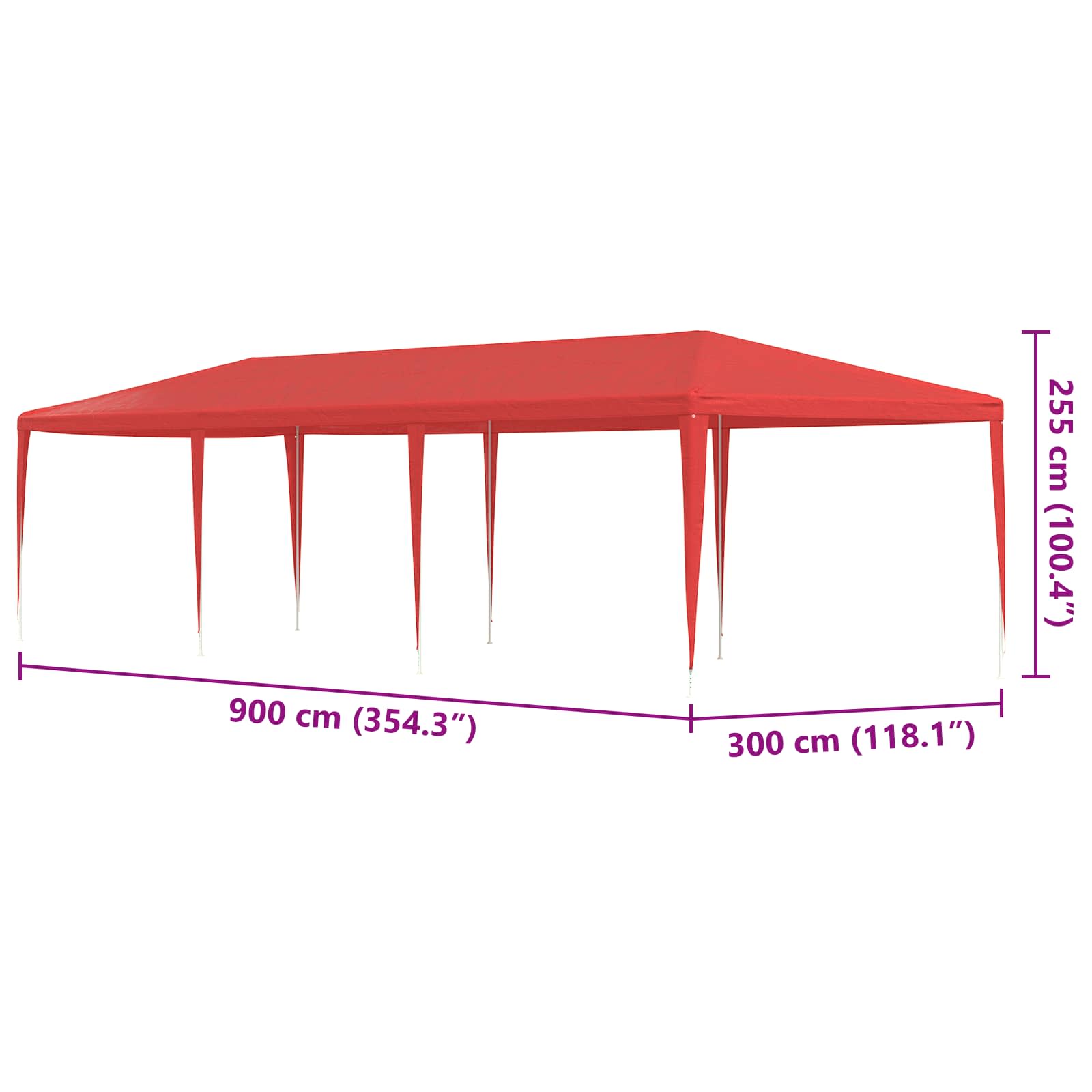 Šator za zabave Crvena 900 x 300 x 255 cm PE i čelik