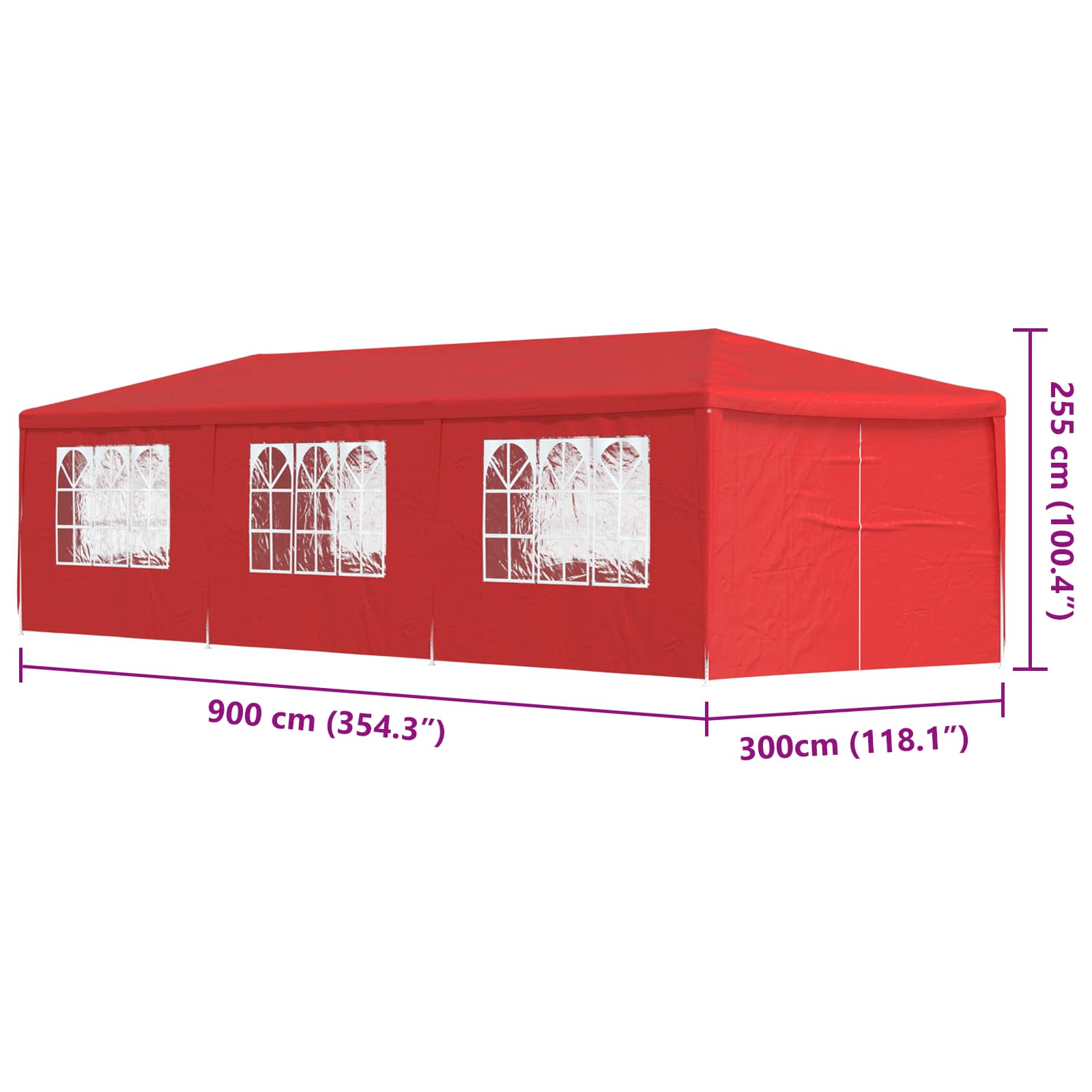 Šator za zabave 900 x 300 x 255 cm Crvena PE i čelik
