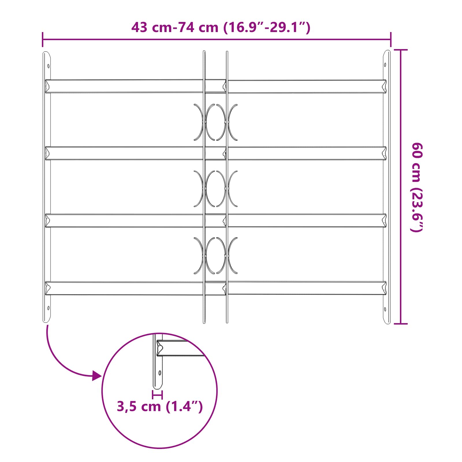 Sigurnosna rešetka za prozore s 4 poprečne šipke 43-74 cm