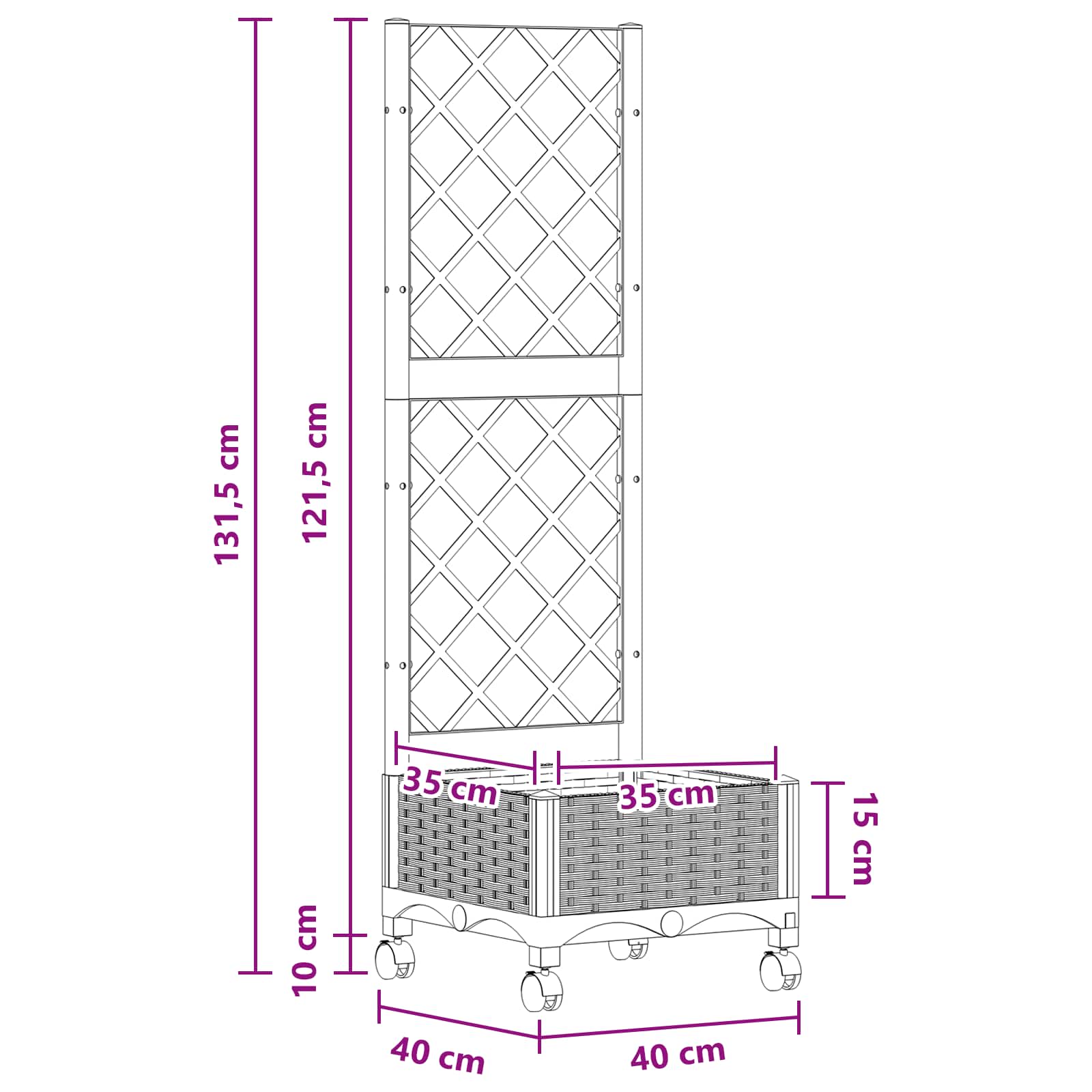 Vrtni saksija s rešetkom i kotačima Crna 40 x 40 x 131,5 cm PP