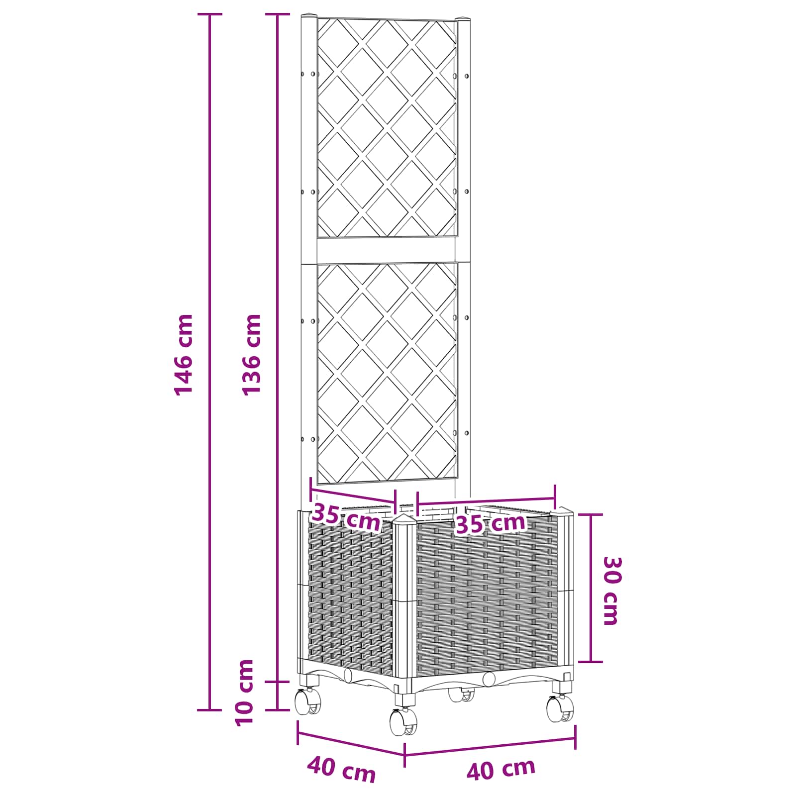 Vrtni saksija s rešetkom i kotačima Crna 40 x 40 x 146 cm PP