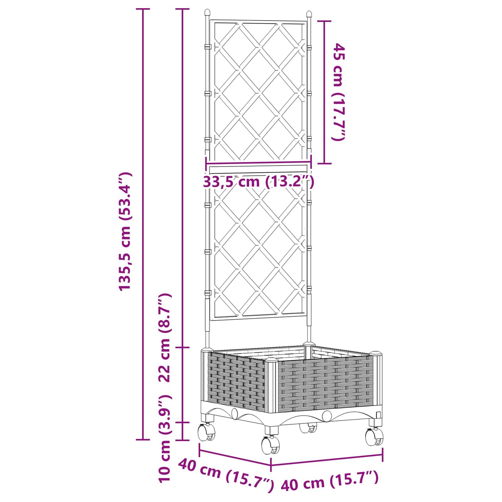 Vrtni saksija s rešetkom i kotačima Crna 40 x 40 x 131,5 cm PP