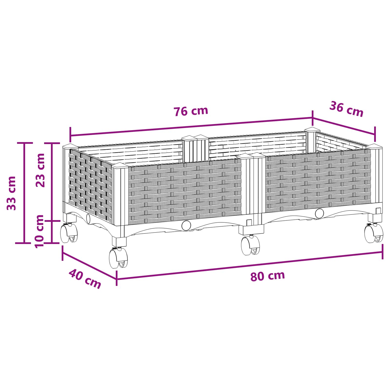 Vrtni saksija s kotačima Crna 80 x 40 x 29 cm PP