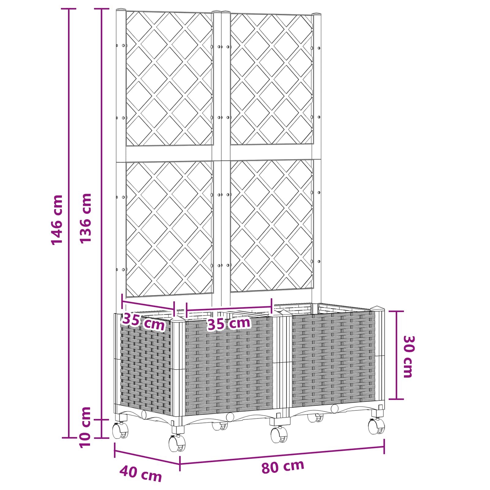 Vrtni saksija s rešetkom i kotačima Crna 80 x 40 x 146 cm PP