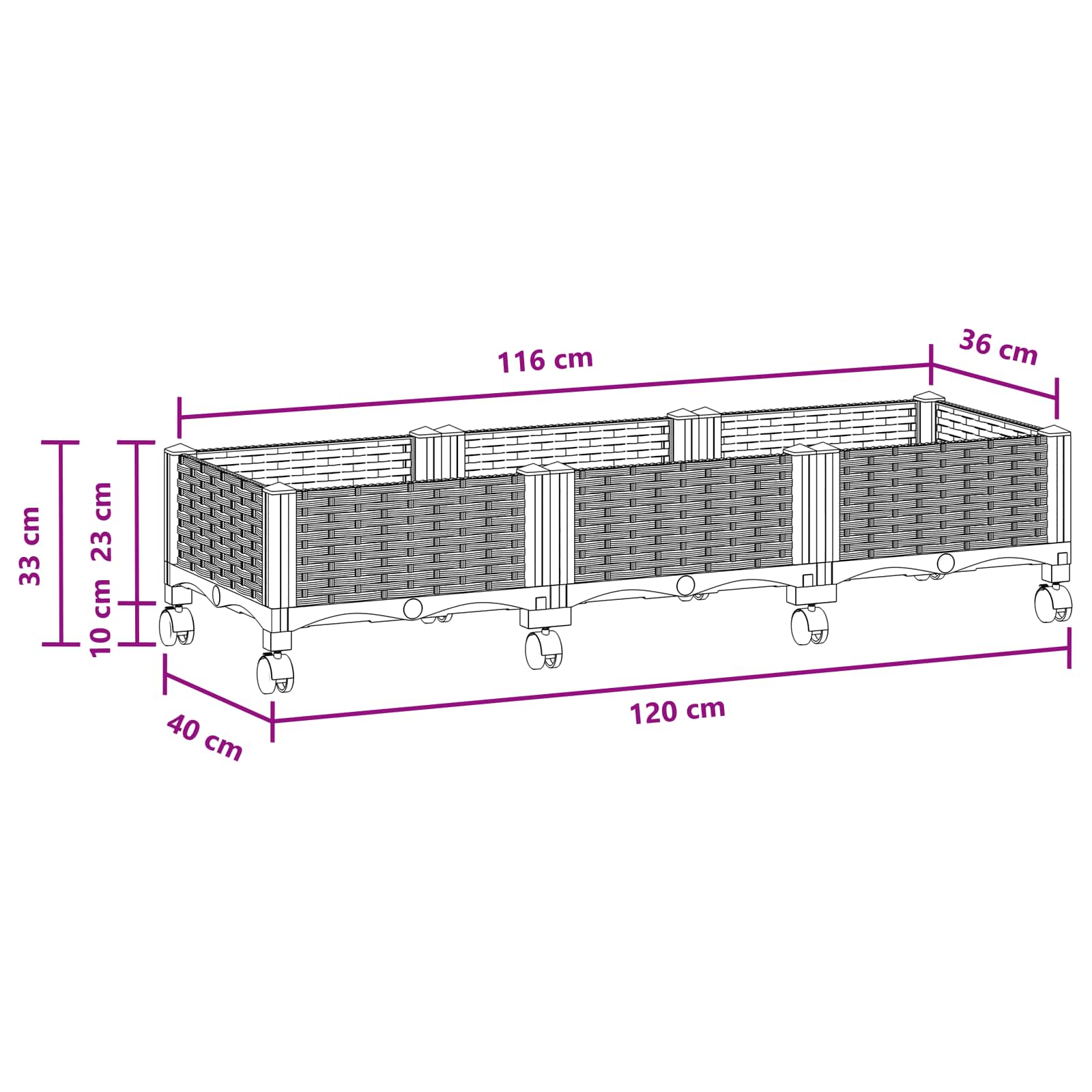 Vrtni saksija s kotačima Smeđa 120 x 40 x 29 cm PP