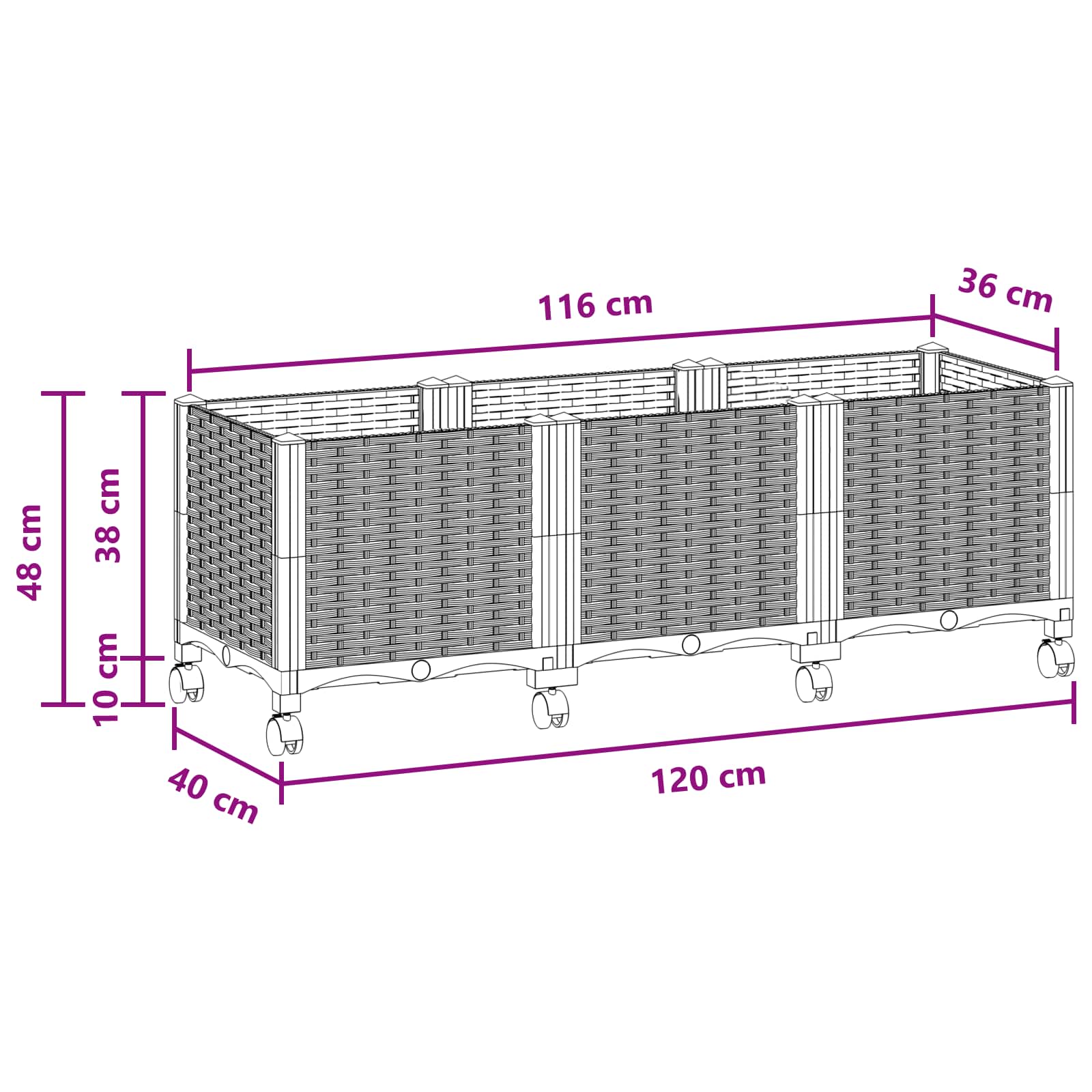 Vrtni saksija s kotačima Smeđa 120 x 40 x 44 cm PP