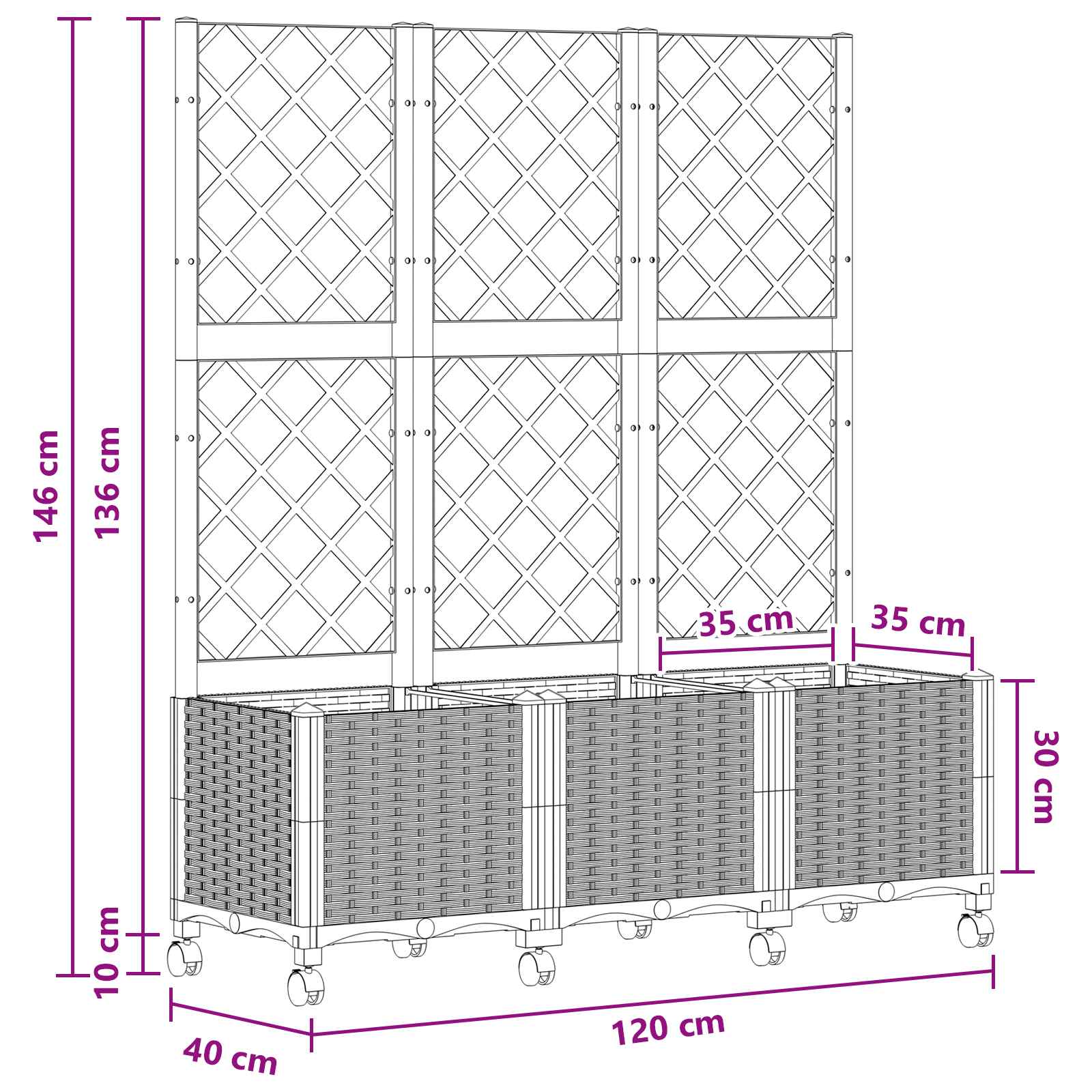 Vrtni saksija s rešetkom i kotačima Bijela 120 x 40 x 146 cm PP