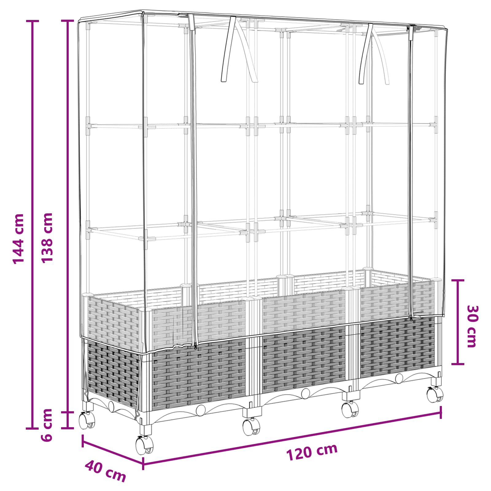 Vrtna saksija s pokrovom staklenika i kotačima 3 kom. Smeđa PP