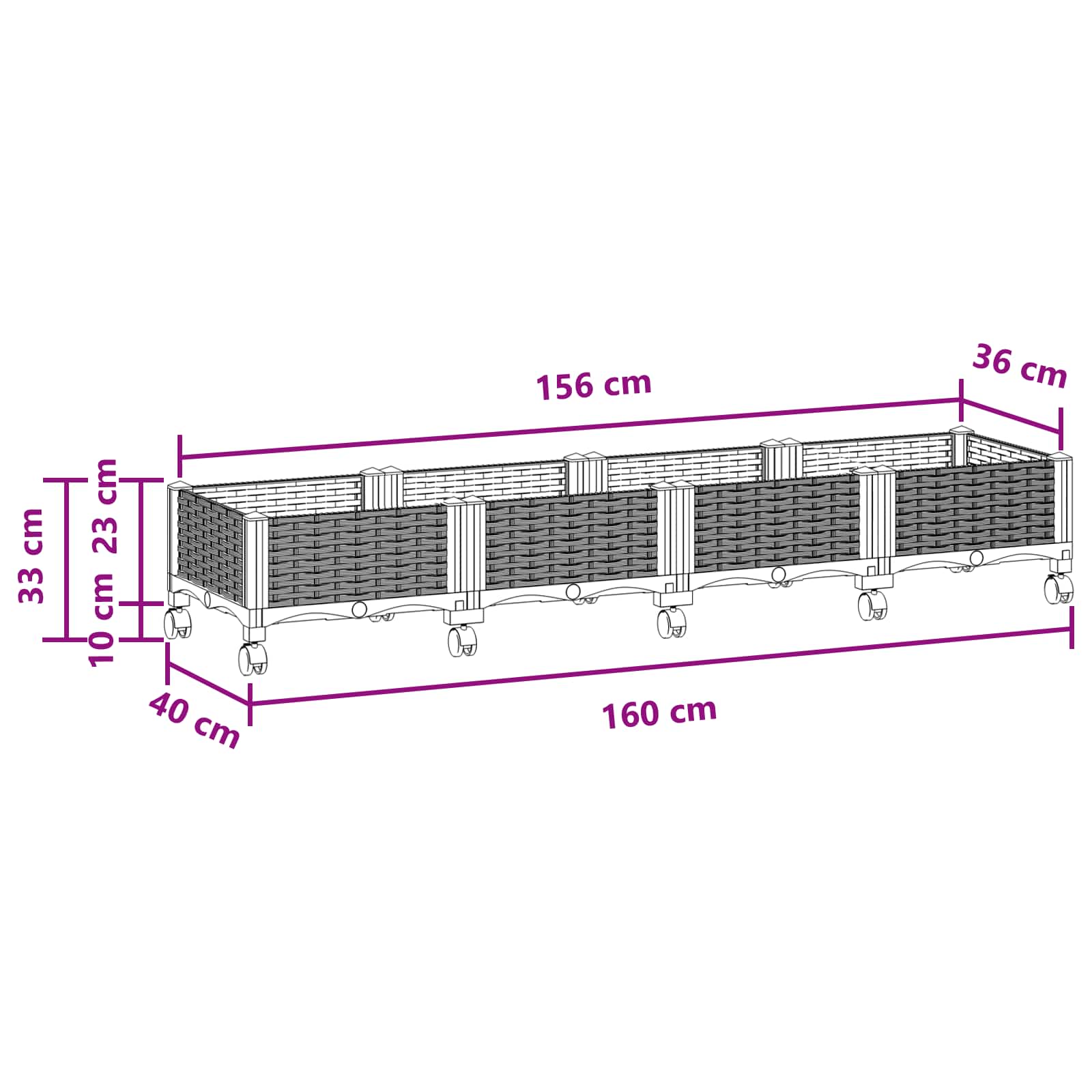 Vrtni saksija s kotačima Crna 160 x 40 x 29 cm PP