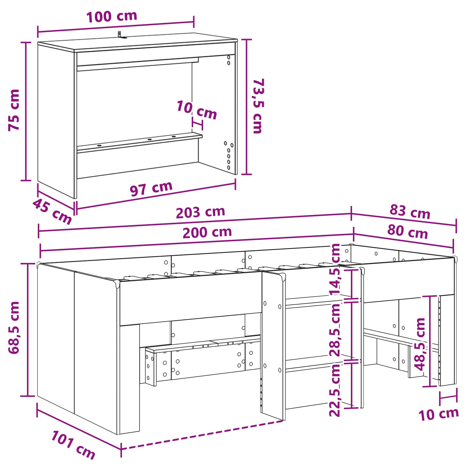 Krevet za djecu s visokim okvirom i stolom 2 kom. Siva Sonoma