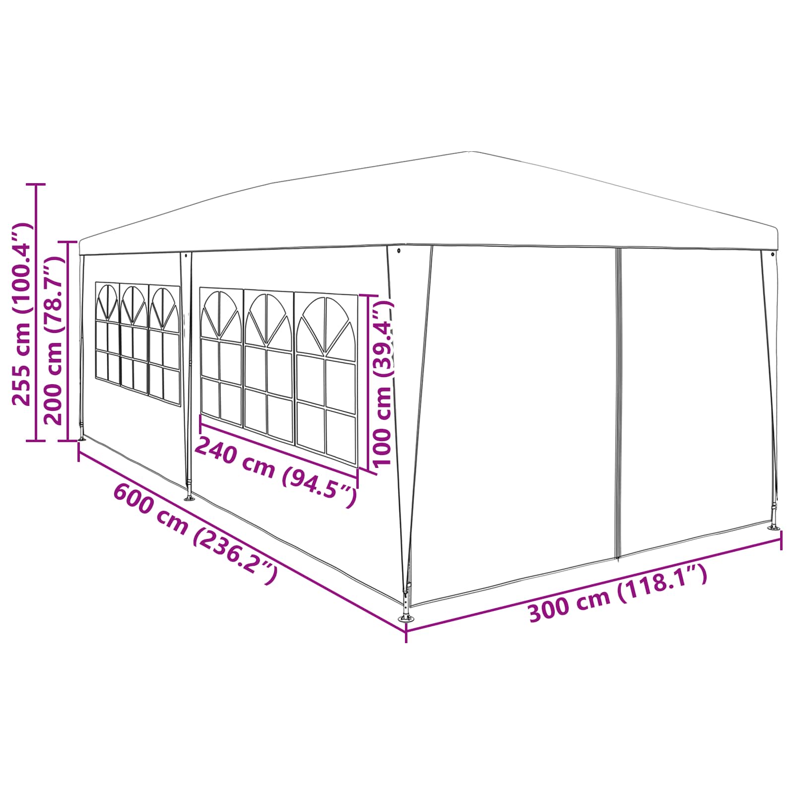 Šator za zabave 600 x 300 x 255 cm Crvena PE i čelik