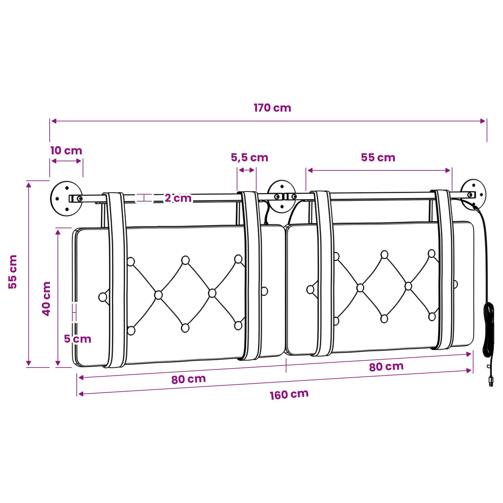 Viseće uzglavlje kreveta S LED svjetlom Siva Umjetna koža