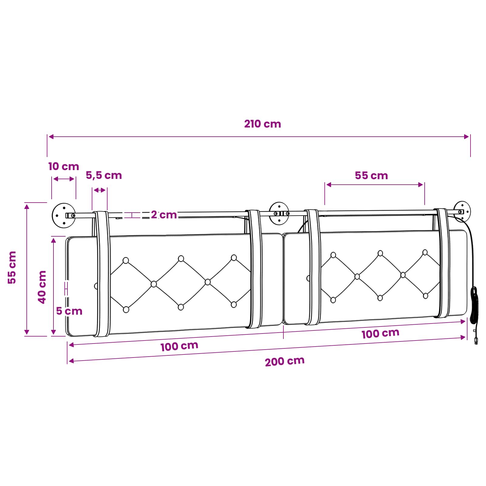 Viseće uzglavlje kreveta S LED svjetlom Tamnosiva Baršun